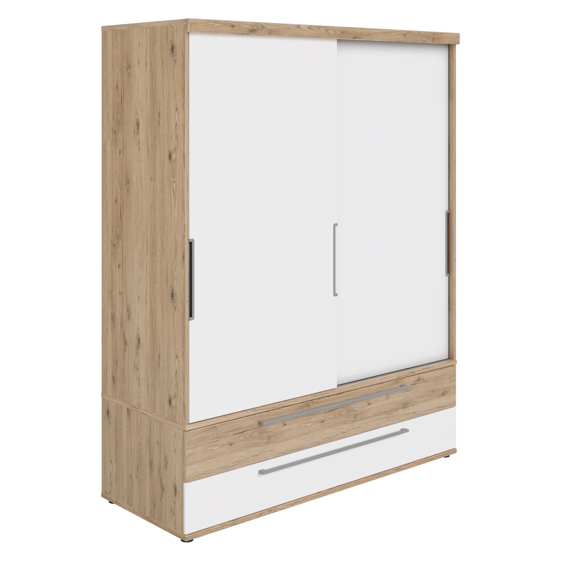 Holzkleiderschrank mit zwei weißen Schiebetüren und einer großen Schublade unten.