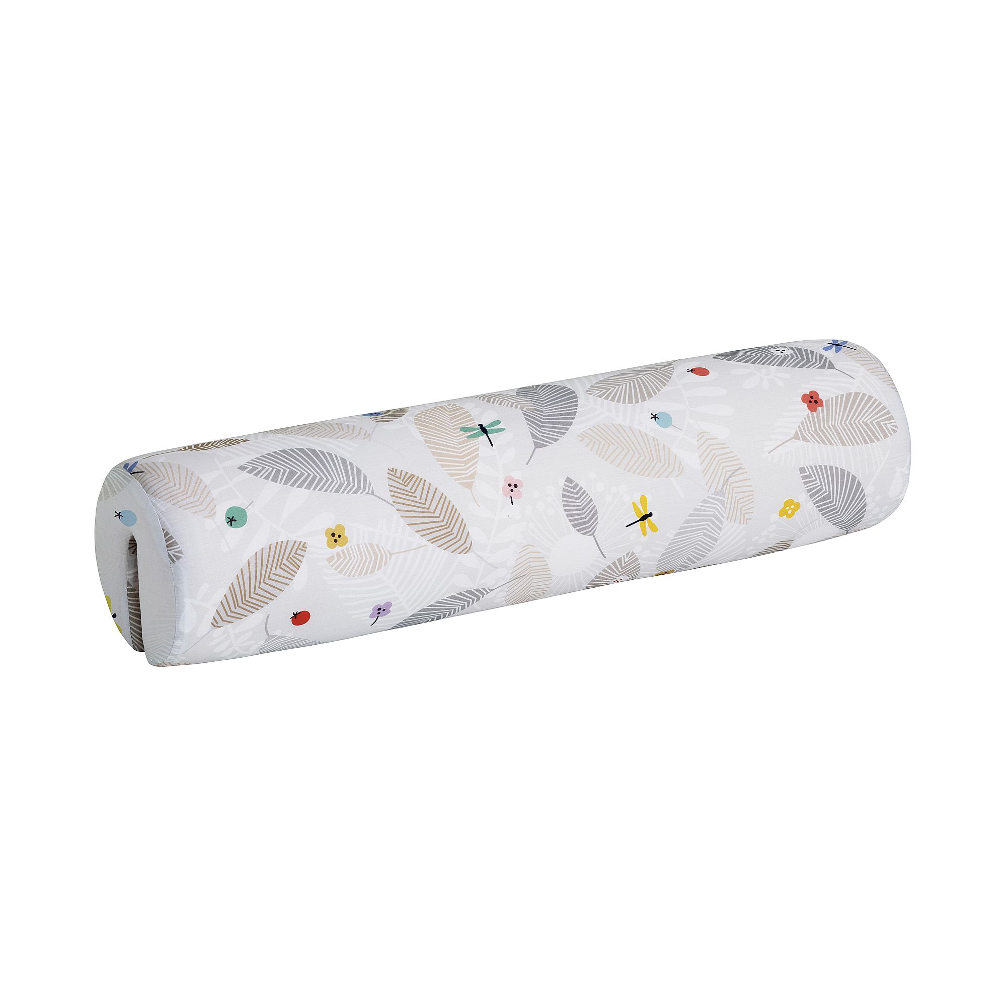 A cylindrical pillow with leaf and insect patterns on a white background.