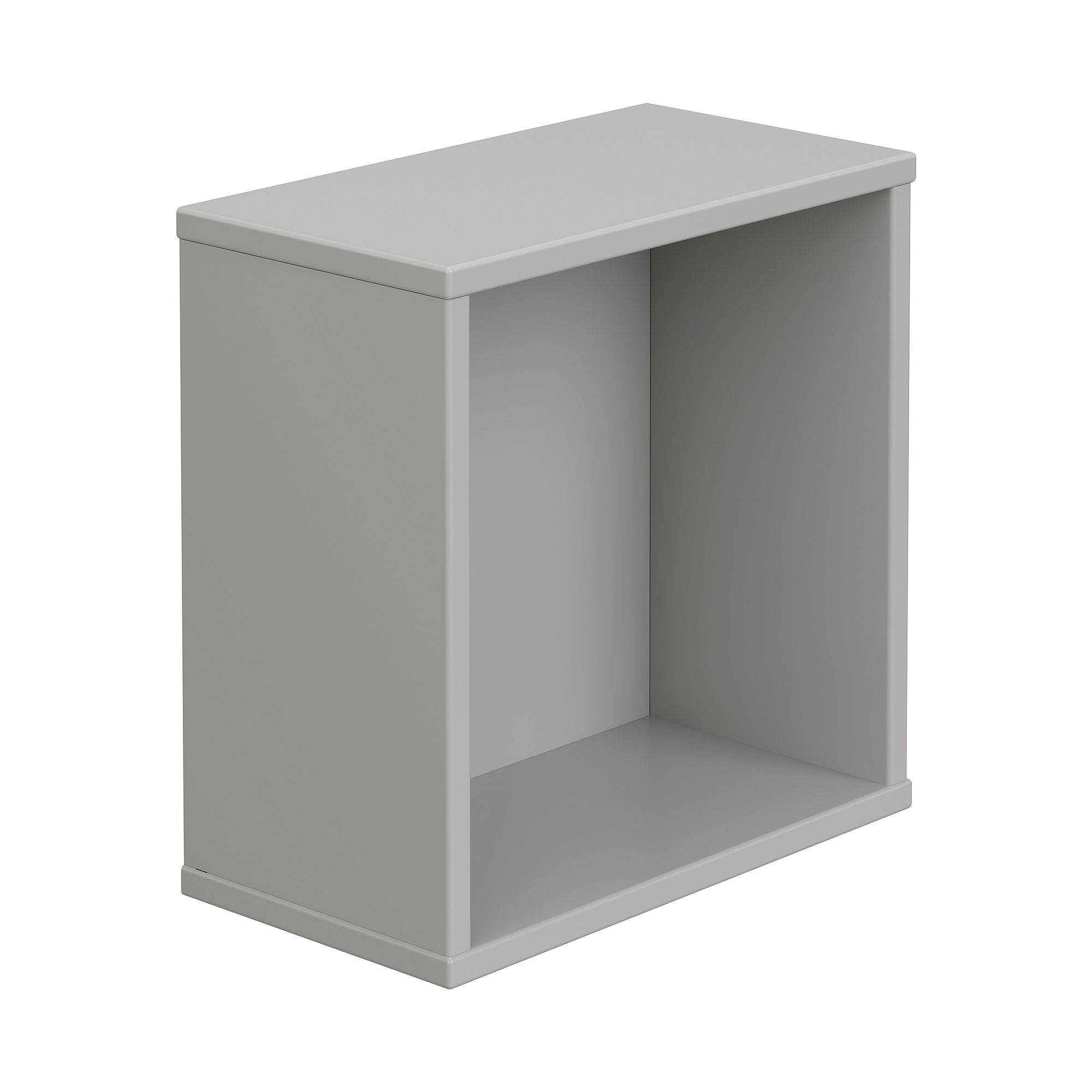 Gray rectangular open box shelf with no back or front, against a white background.