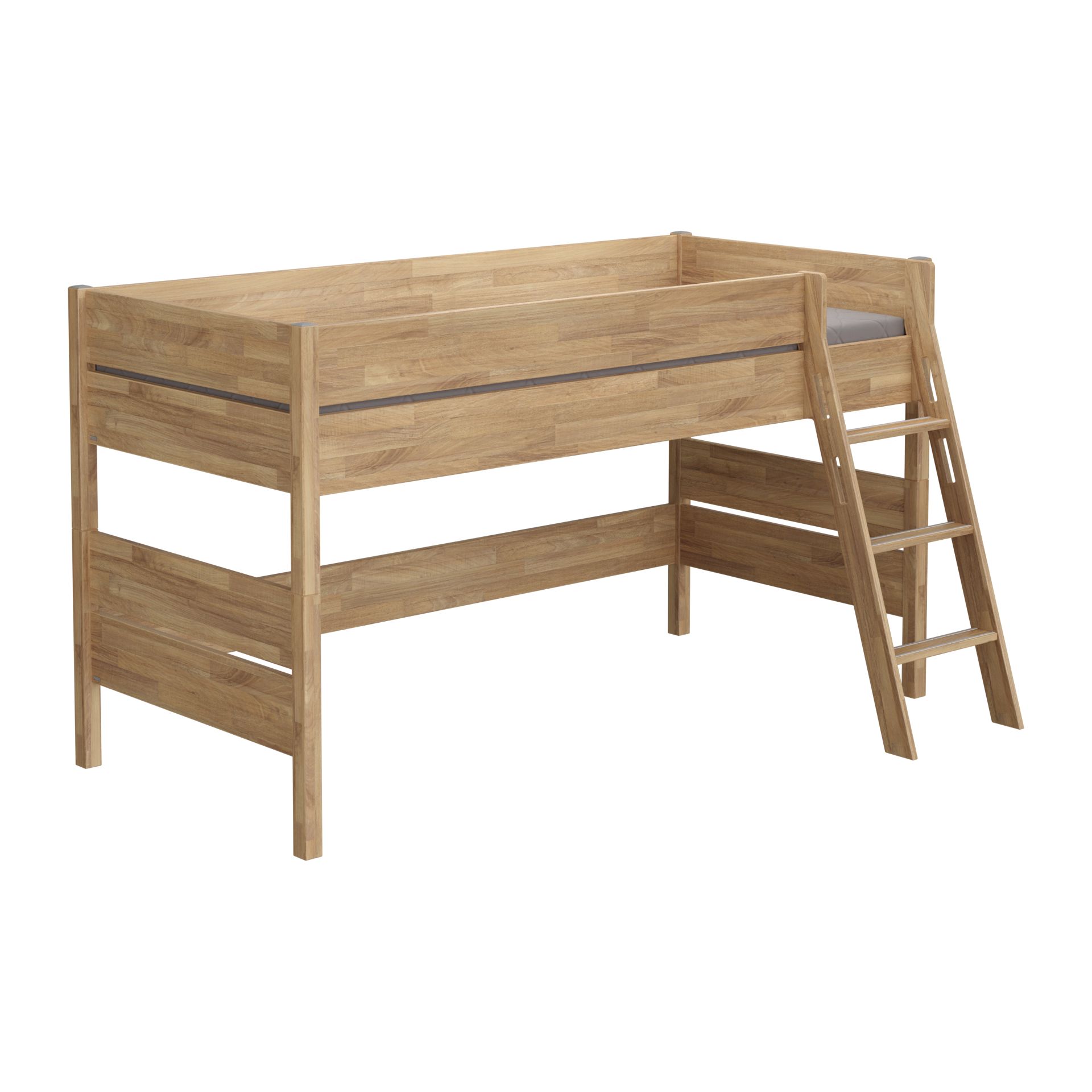 Holz-Hochbett mit Seitengittern und einer schrägen Leiter auf der rechten Seite.