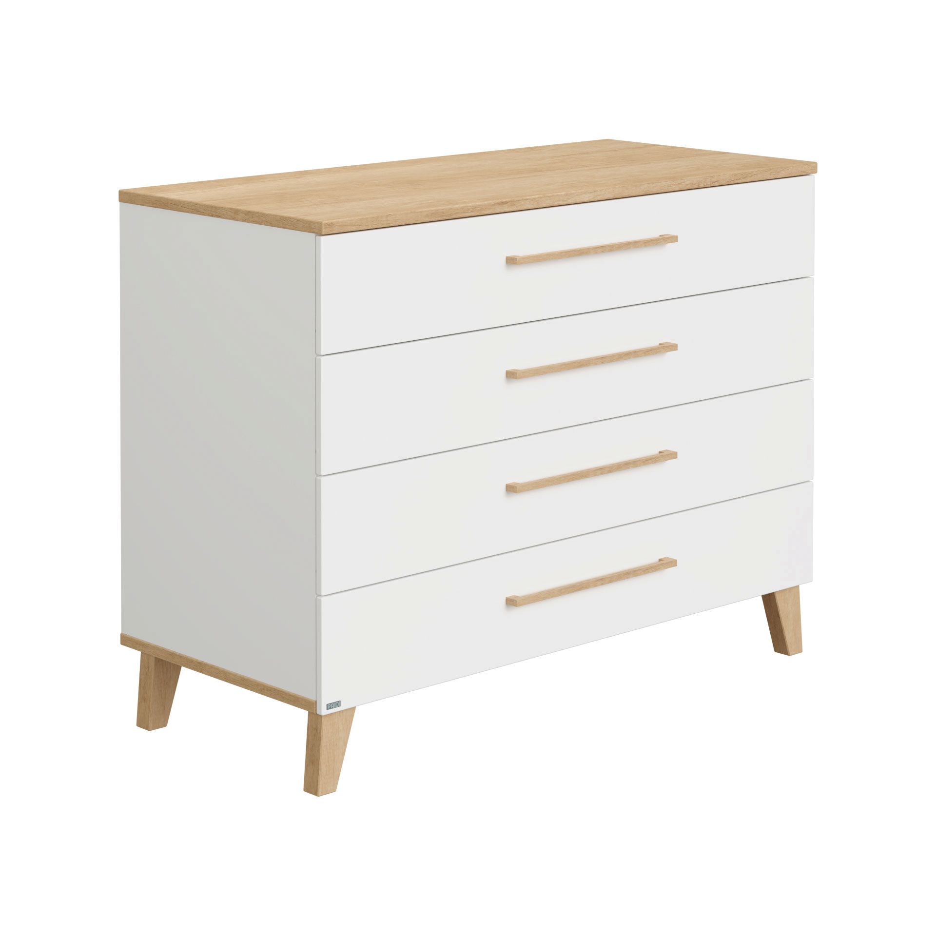 Weiße Kommode mit vier Schubladen, Holzbeinen und Holzplatte im modernen Stil.