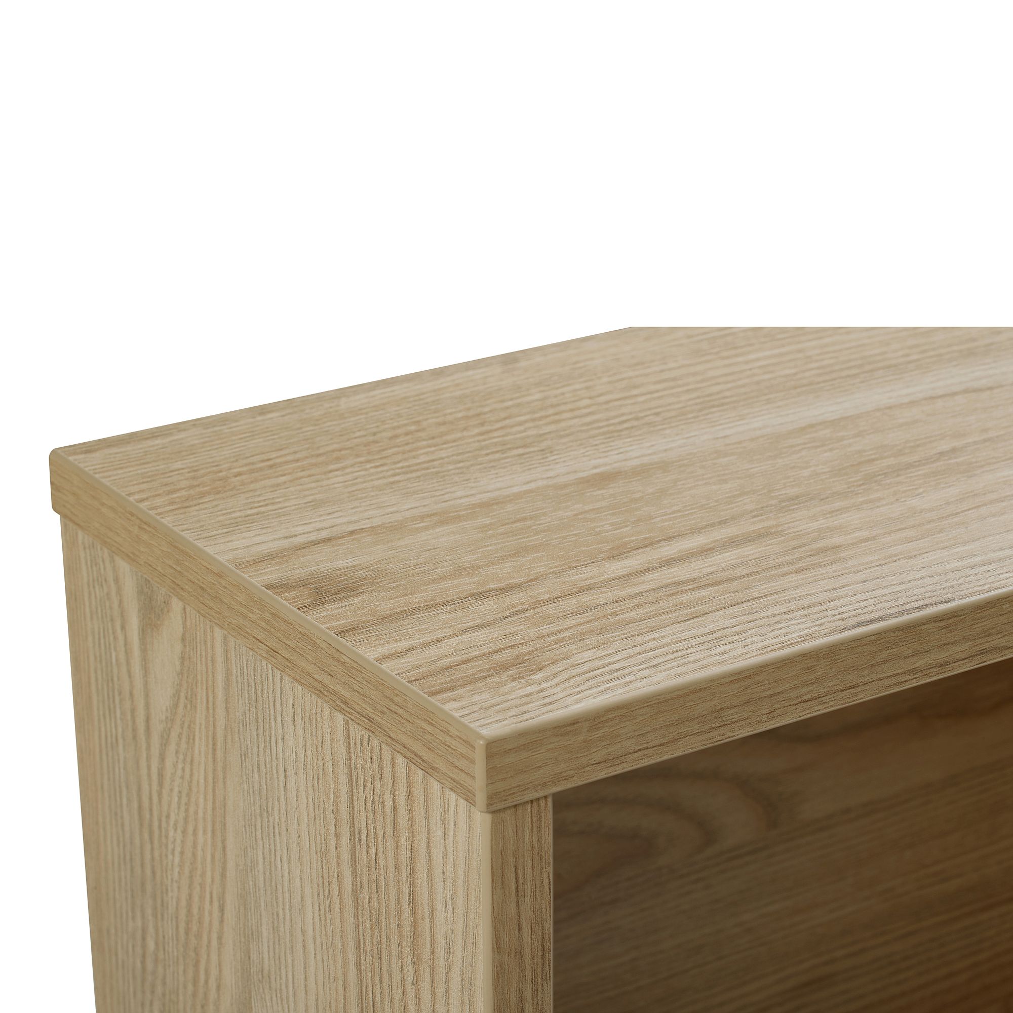 Wandregal  Wandbox  rechteckig lang in Eiche-Montana Nahaufnahme eines Tisches oder Regals aus hellem Holz mit sichtbarer Holzmaserung.