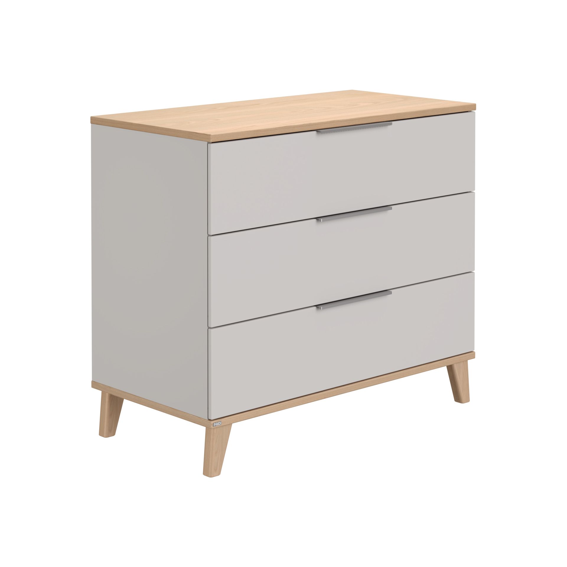 Wickelkommode Fiene mit 3 Schubladen Moderne weiße Kommode mit drei Schubladen und Holzbeinen auf weißem Hintergrund.