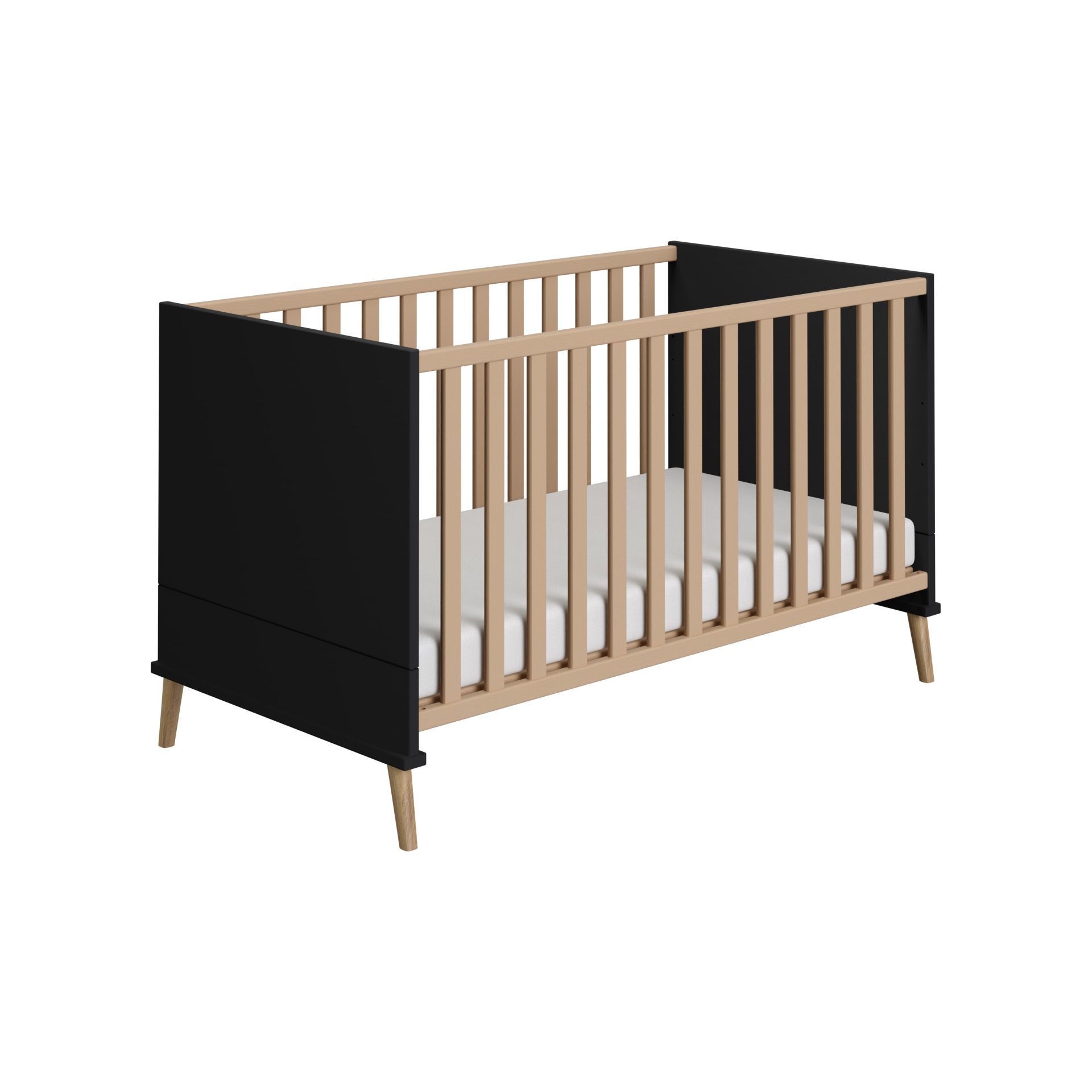 Modernes Babybett aus Holz mit schwarzen Seitenteilen und einer weißen Matratze.