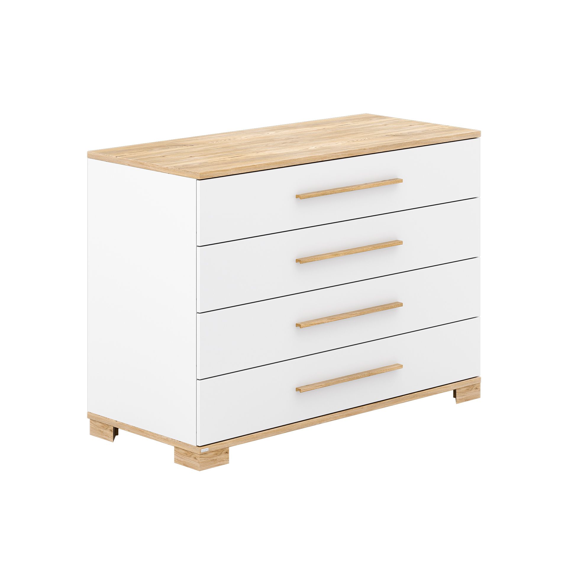 Wickelkommode Yolanda mit 4 Schubladen Weiße Kommode mit vier Schubladen und hellen Holzakzenten an der Decke und den Griffen.
