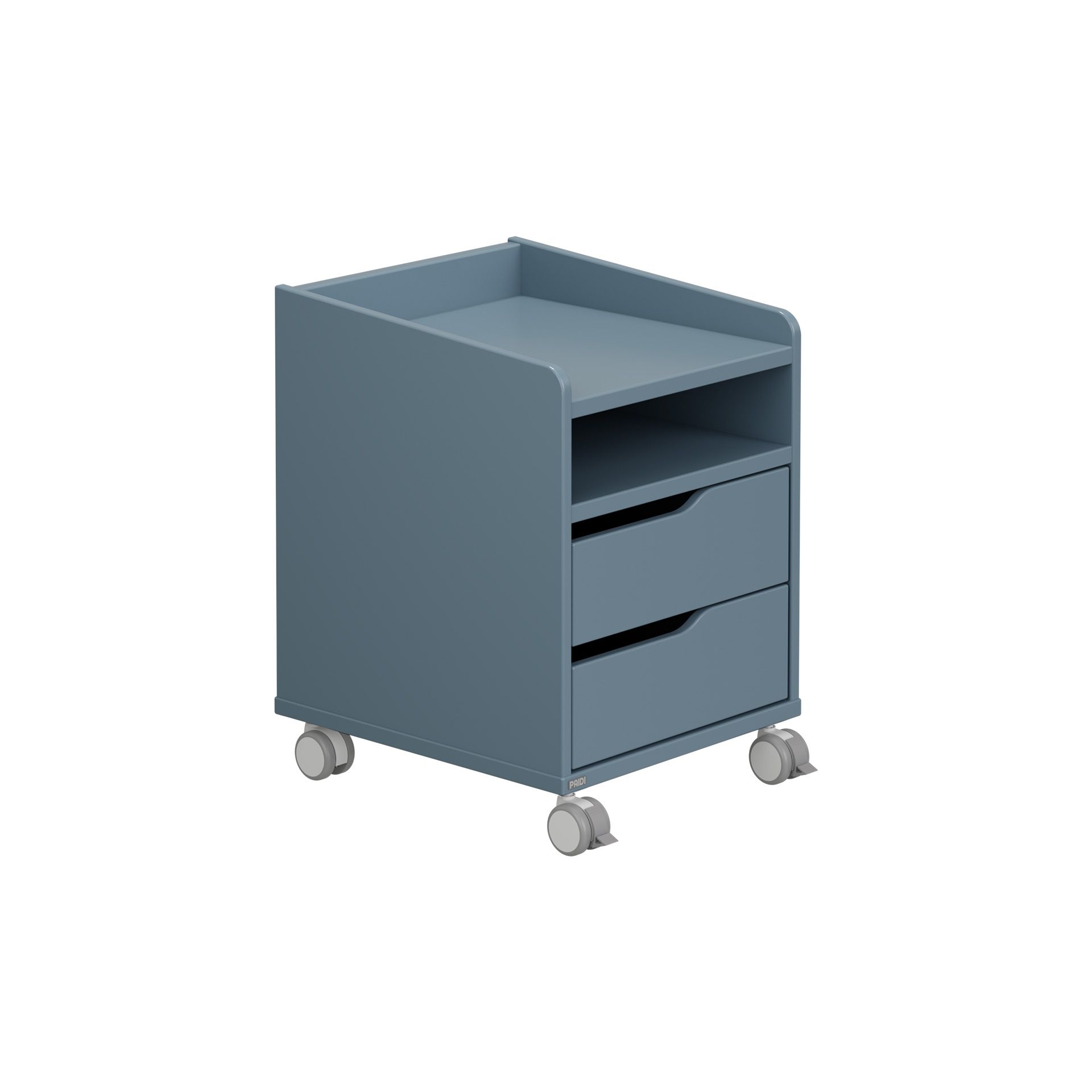Rollcontainer  mit 2 Schubladen in Mattblau Blauer rollender Aufbewahrungswagen mit zwei Schubladen und einem offenen Regal auf Rädern.
