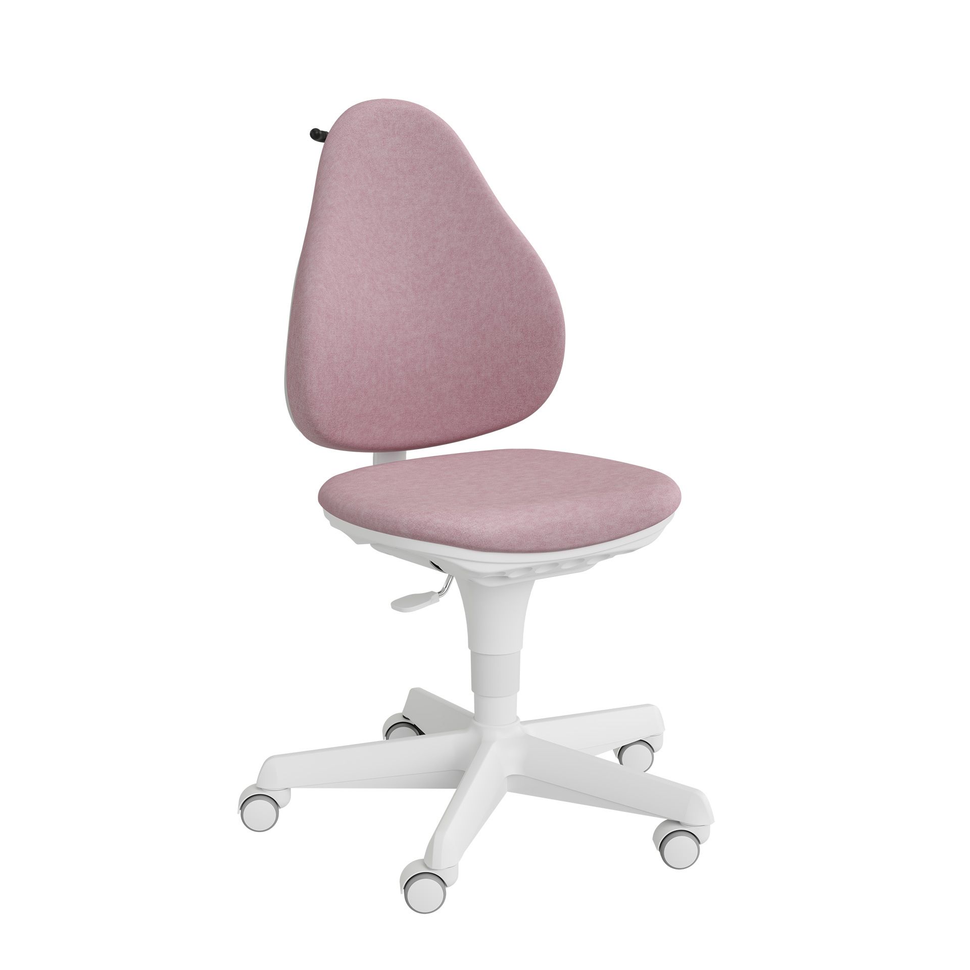 Drehstuhl Jooki S ergonomisch mitwachsend im Mikrofaserbezug Dunkelrosa Rosa Bürostuhl mit weißem Fußkreuz und fünf Rollen, von der Seite gesehen.