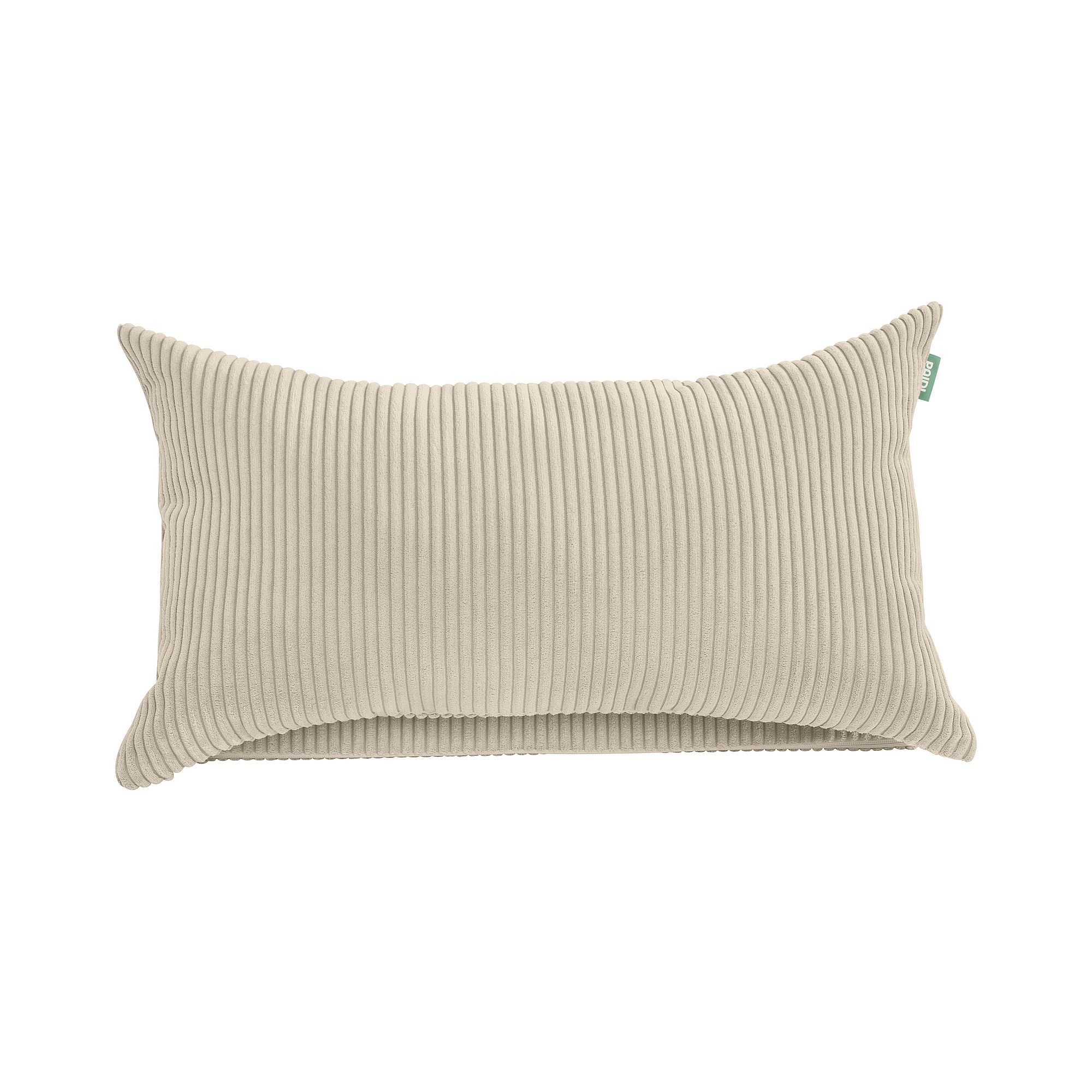 Rechteckiges, beigefarbenes, geripptes Kissen mit einem kleinen grünen Anhänger an der Seite.