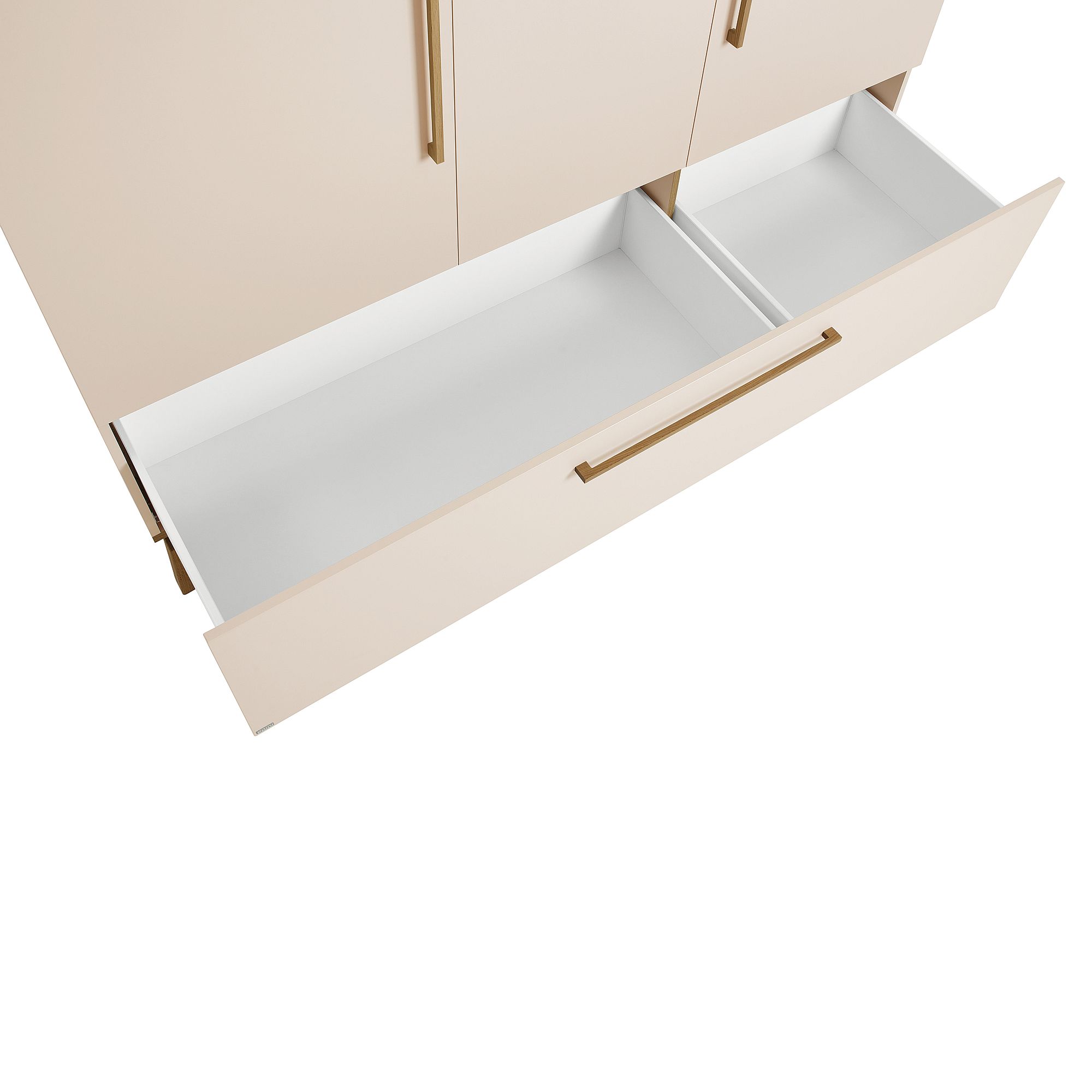 Offene, beige Schublade mit zwei Fächern und goldenen Griffen, von oben gesehen.