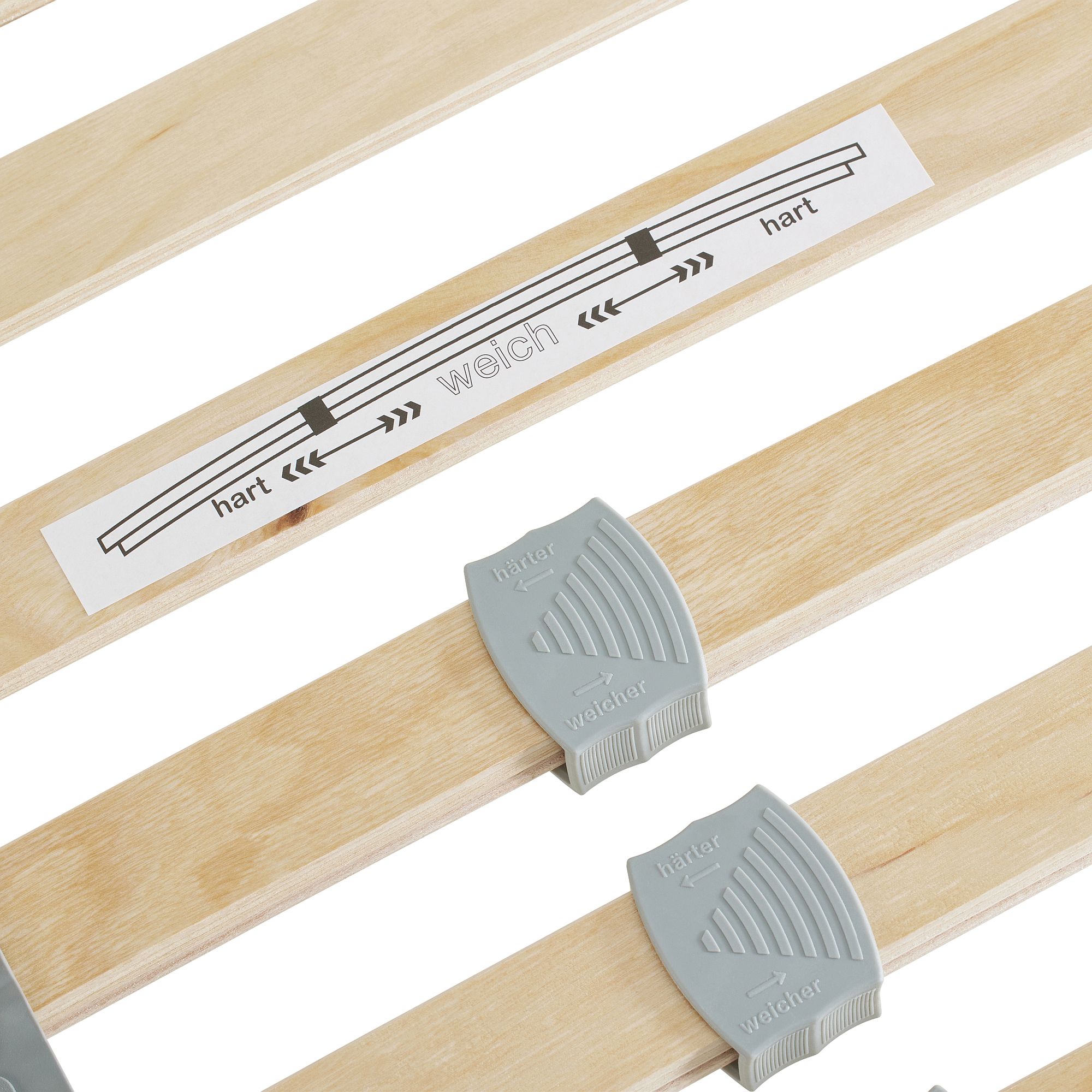 Lattenrost  Comfort mit Härteverstellung in 90 x 200 cm Holzlatten mit verstellbaren Schiebern mit der Bezeichnung hart und weich für die Festigkeit.