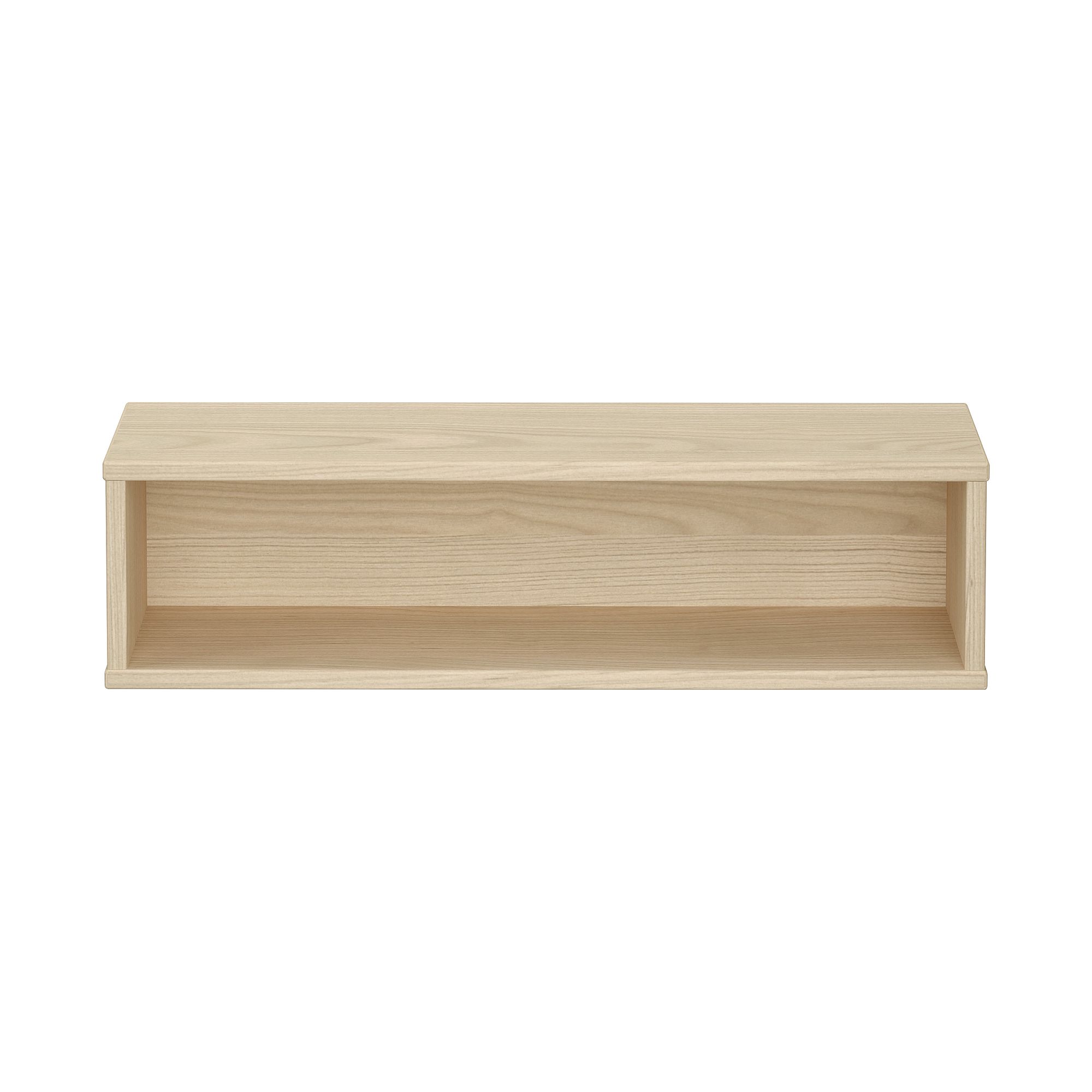 Wandregal  Wandbox  rechteckig lang in Scandinavian-Wood Schwebendes Wandregal aus hellem Holz mit offener Front, von vorne gesehen.