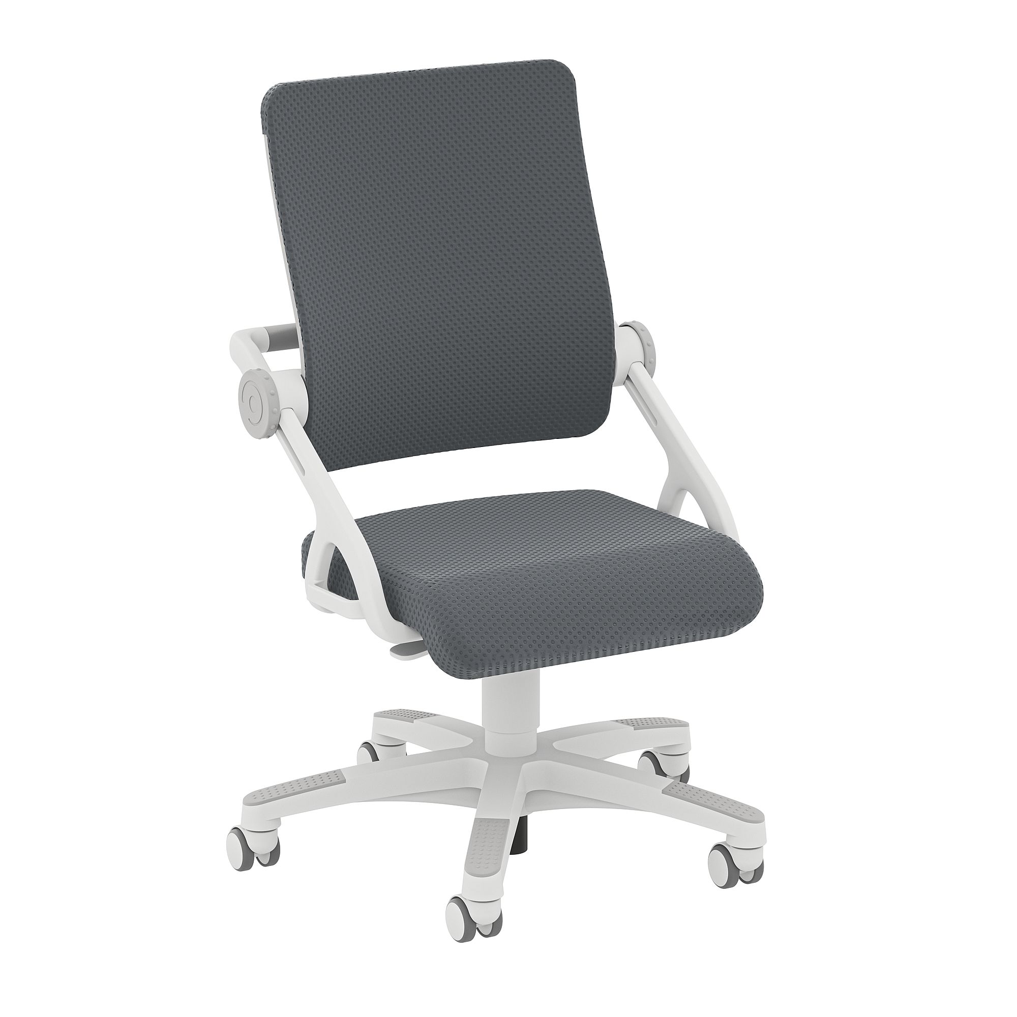 Grauer, ergonomischer Bürostuhl mit weißem Untergestell und Lenkrollen.