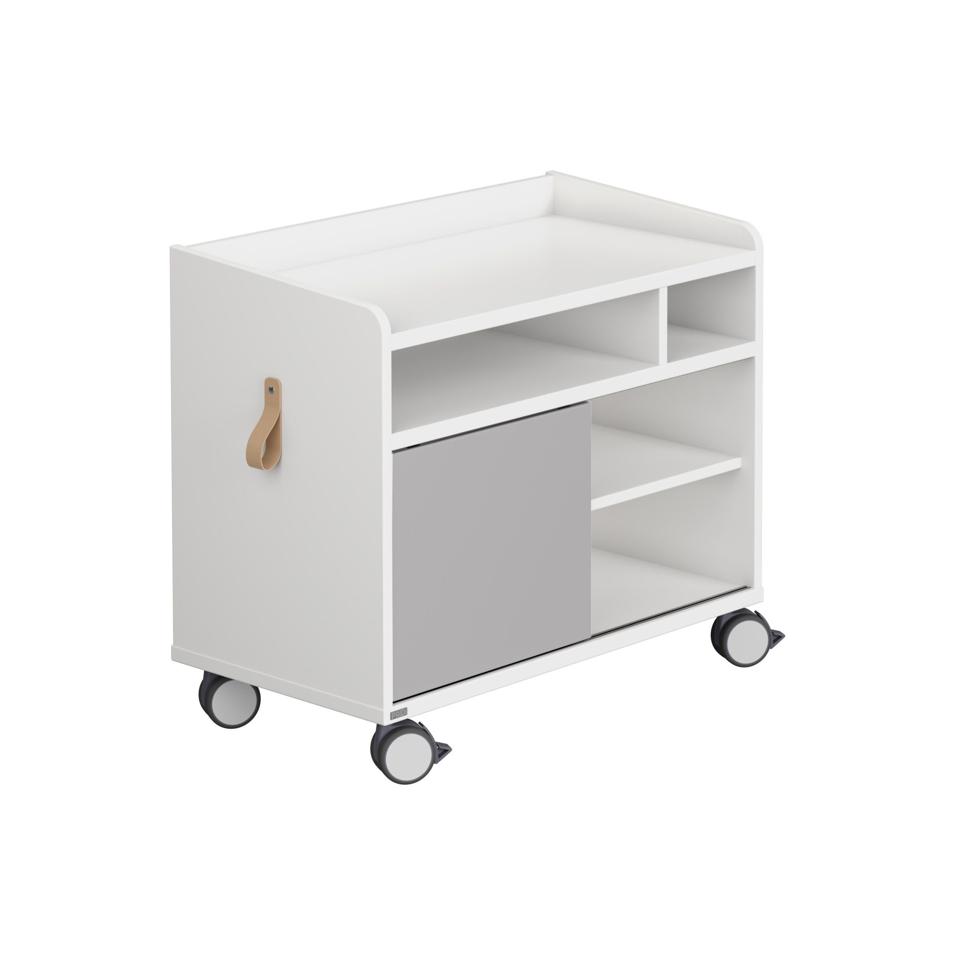 White rolling storage cart with shelves, a gray bin, and a wooden handle.