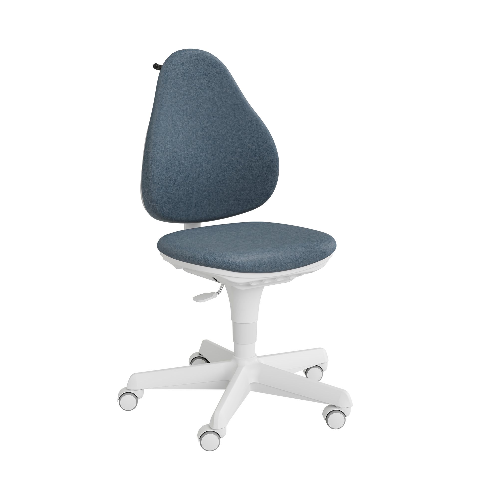Blue office chair with white base and five wheels on a white background.