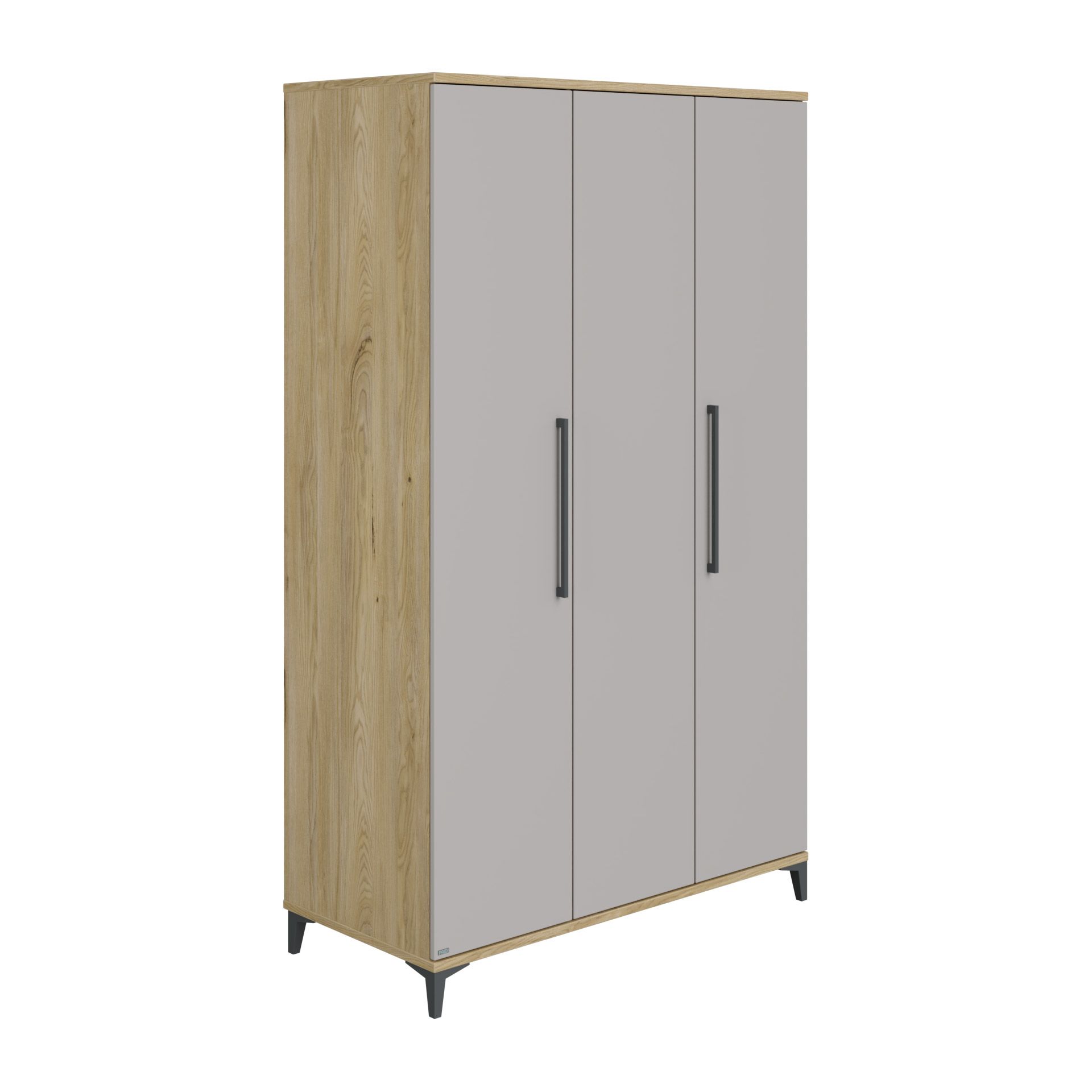 Dreitüriger Kleiderschrank mit hellen Holzseiten und grauen Türen, auf schwarzen Beinen stehend.