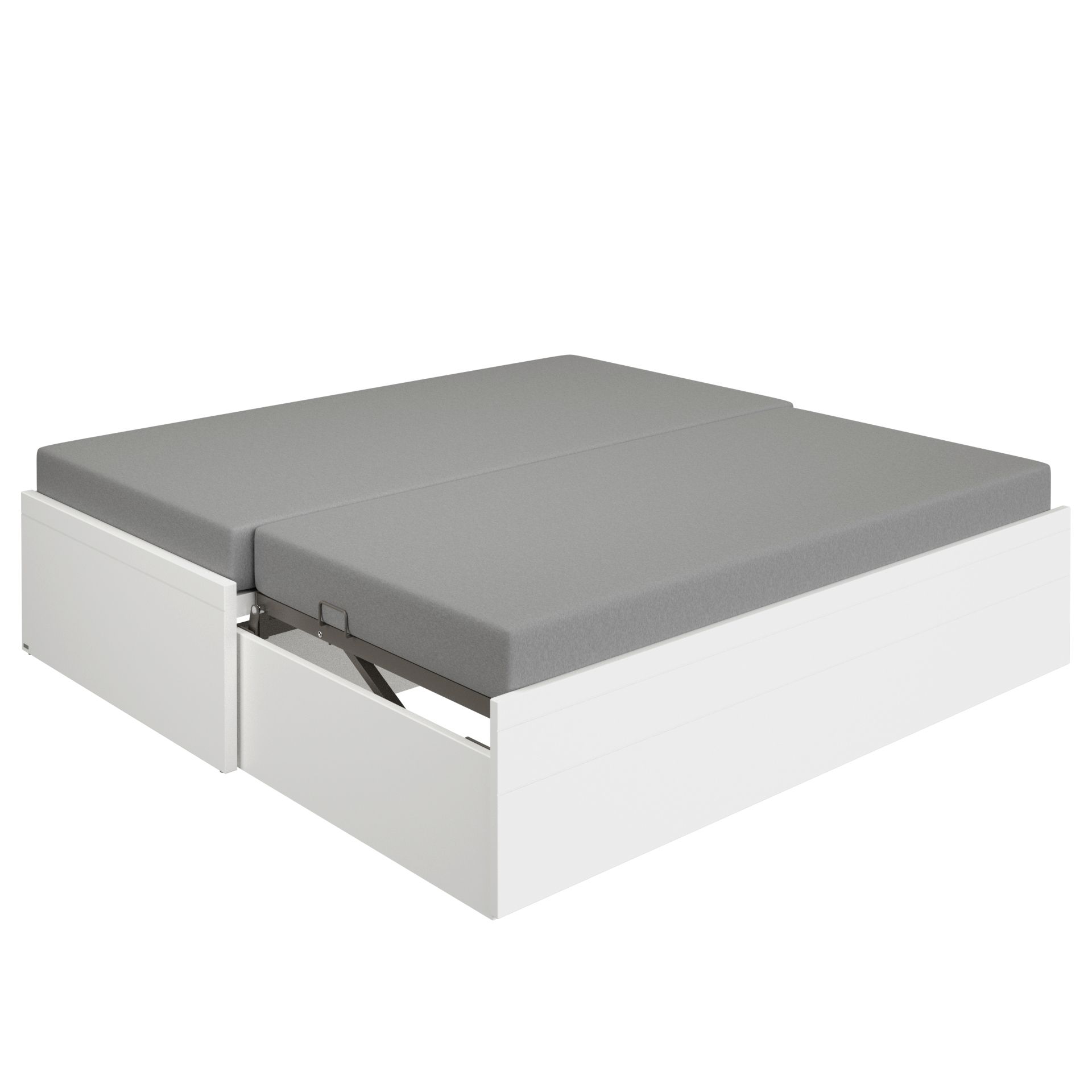 Weißes Plattformbett mit grauer Matratze und eingebauten Schubladen.