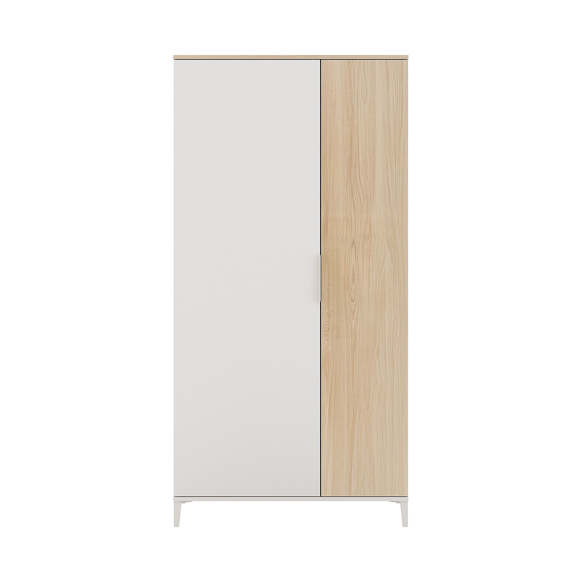 A two-door wardrobe with one white door and one light wood door.