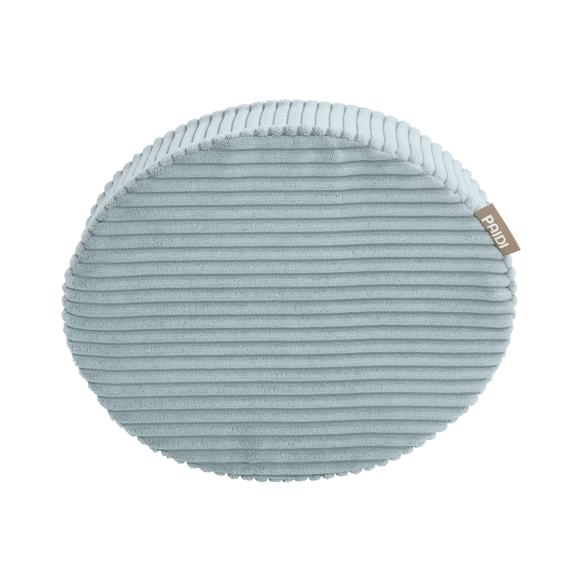 Rundes, hellblaues Kordkissen mit einem kleinen Stoffanhänger am Rand.