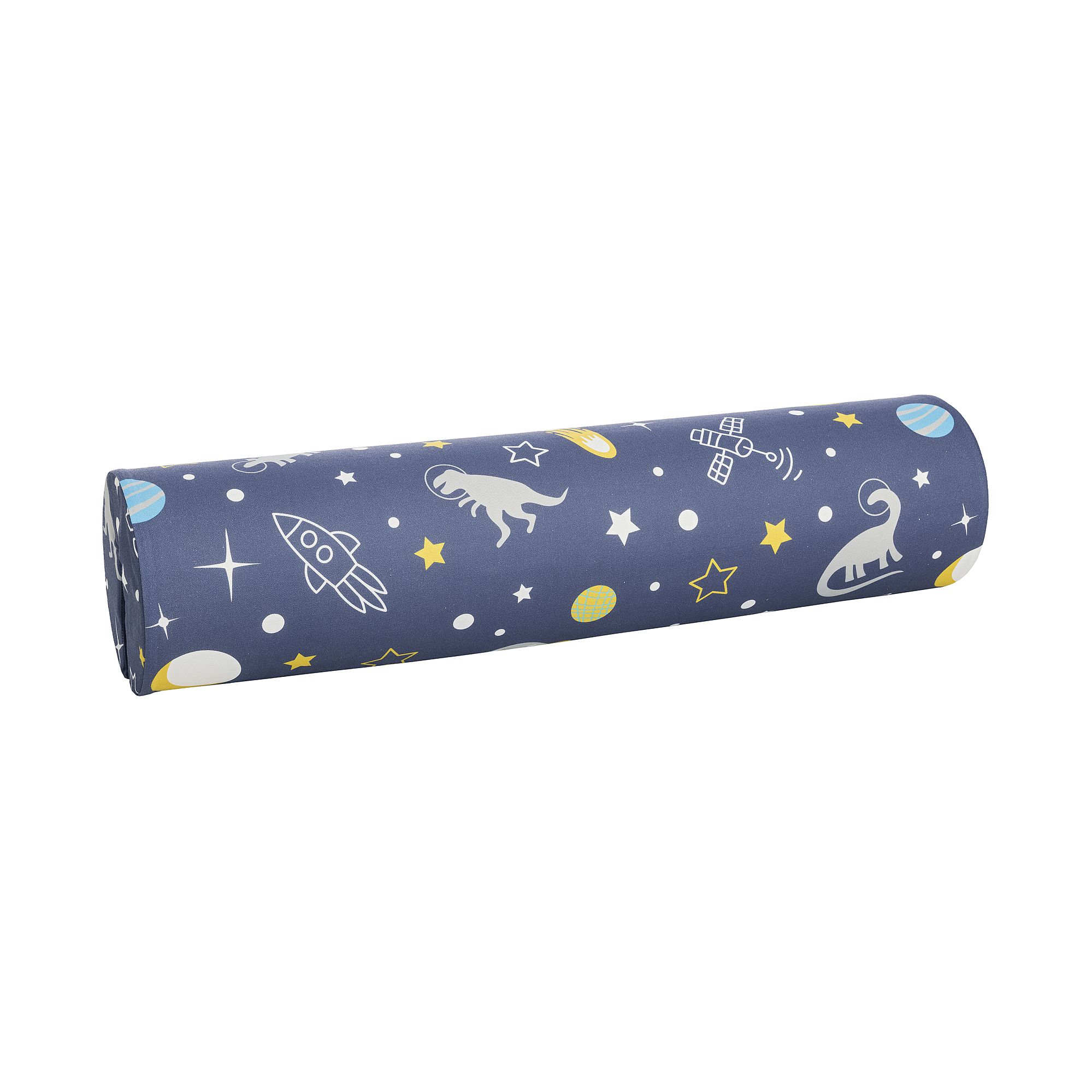 Comfort-Rolle Baumwolle, Motiv "Dinos im Weltall", 85,30 x Ø 20 cm Rolled-up mat with dinosaur, rocket, and star patterns on a blue background.