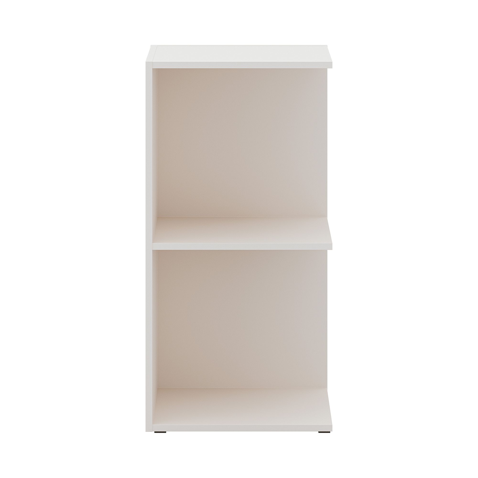 White, two-shelf open bookcase viewed from the front against a plain background.