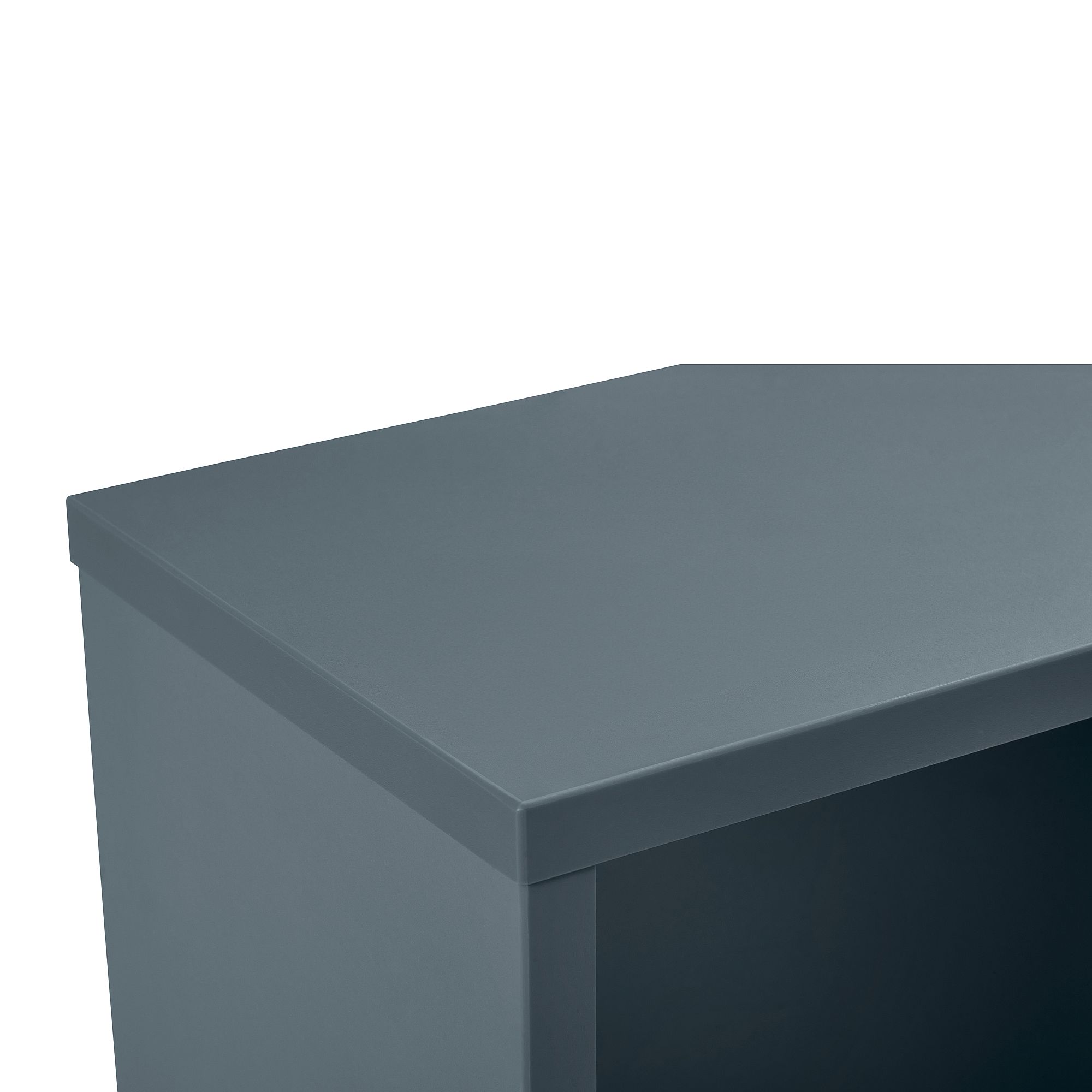 Wandregal  Wandbox  quadratisch in Mattblau Nahaufnahme eines grauen rechteckigen Tisches oder Regals mit glatter Oberfläche.