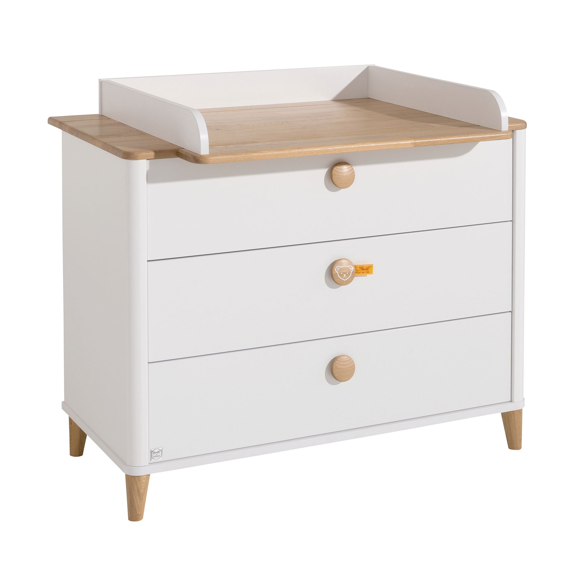 Wickelaufsatz Lotte & Fynn - Steiff by PAIDI für Kommode 3 Schubladen White and wood changing table dresser with three drawers and raised edges on top.