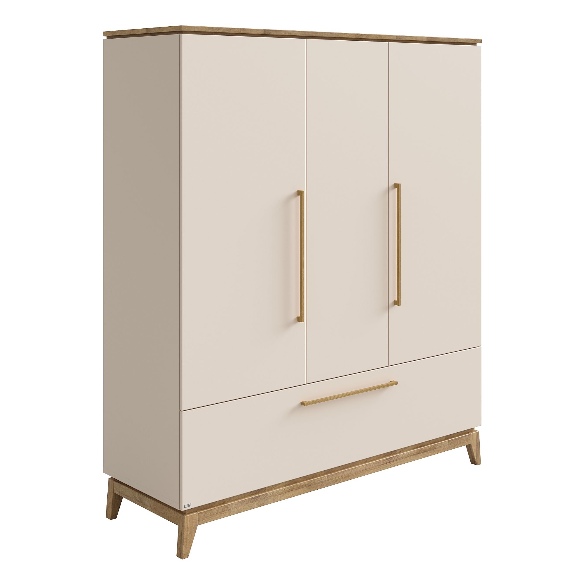Beigefarbener Kleiderschrank mit drei Türen, einer unteren Schublade sowie Holzgriffen und -beinen.