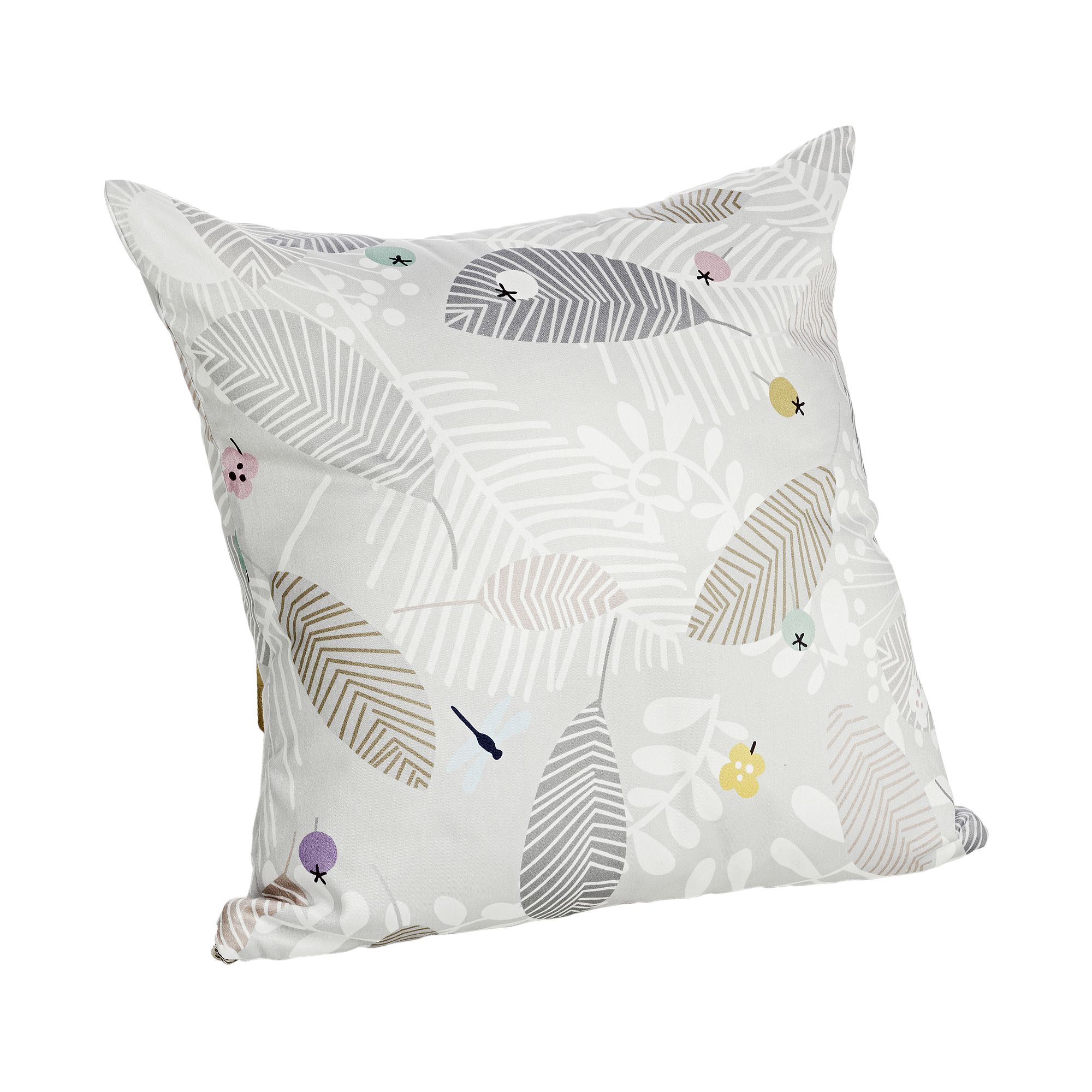 White decorative pillow with leaf and small colorful flower patterns.