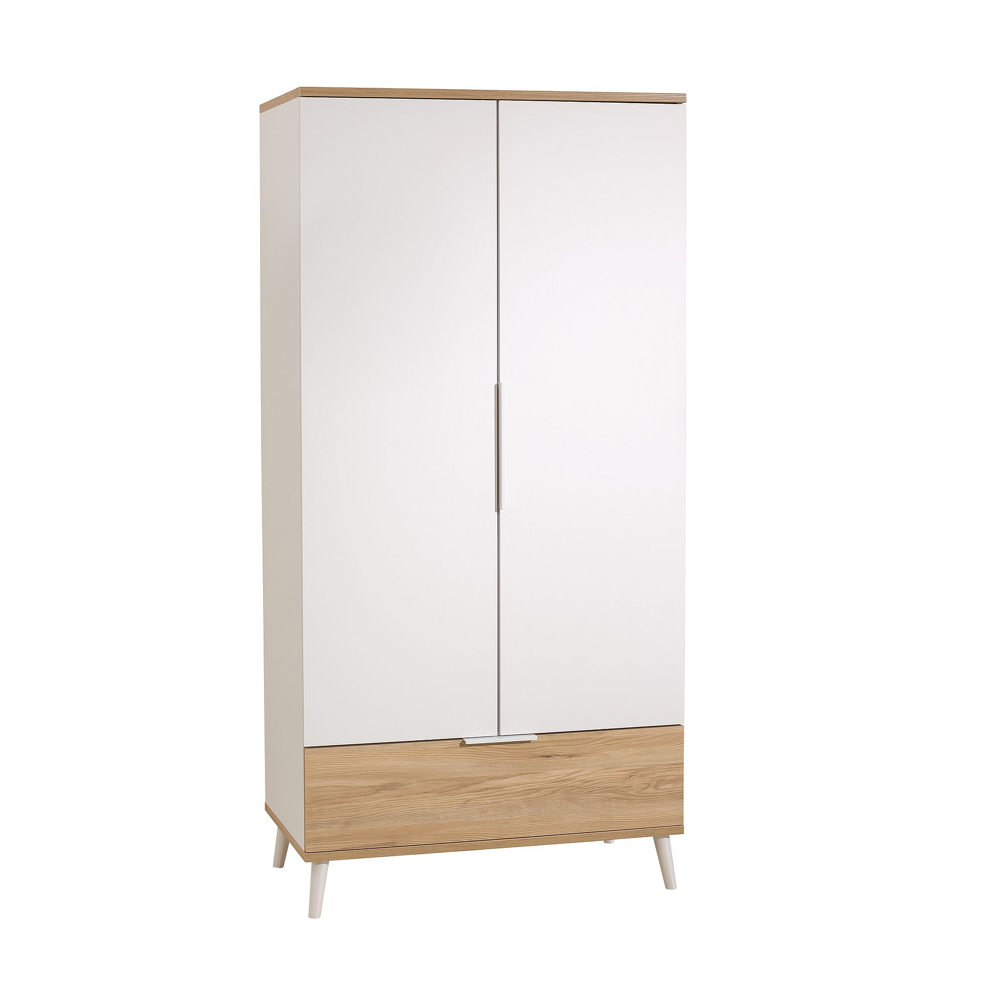 Moderner Kleiderschrank mit weißen Türen, Holzakzenten und einer Schublade am Boden.