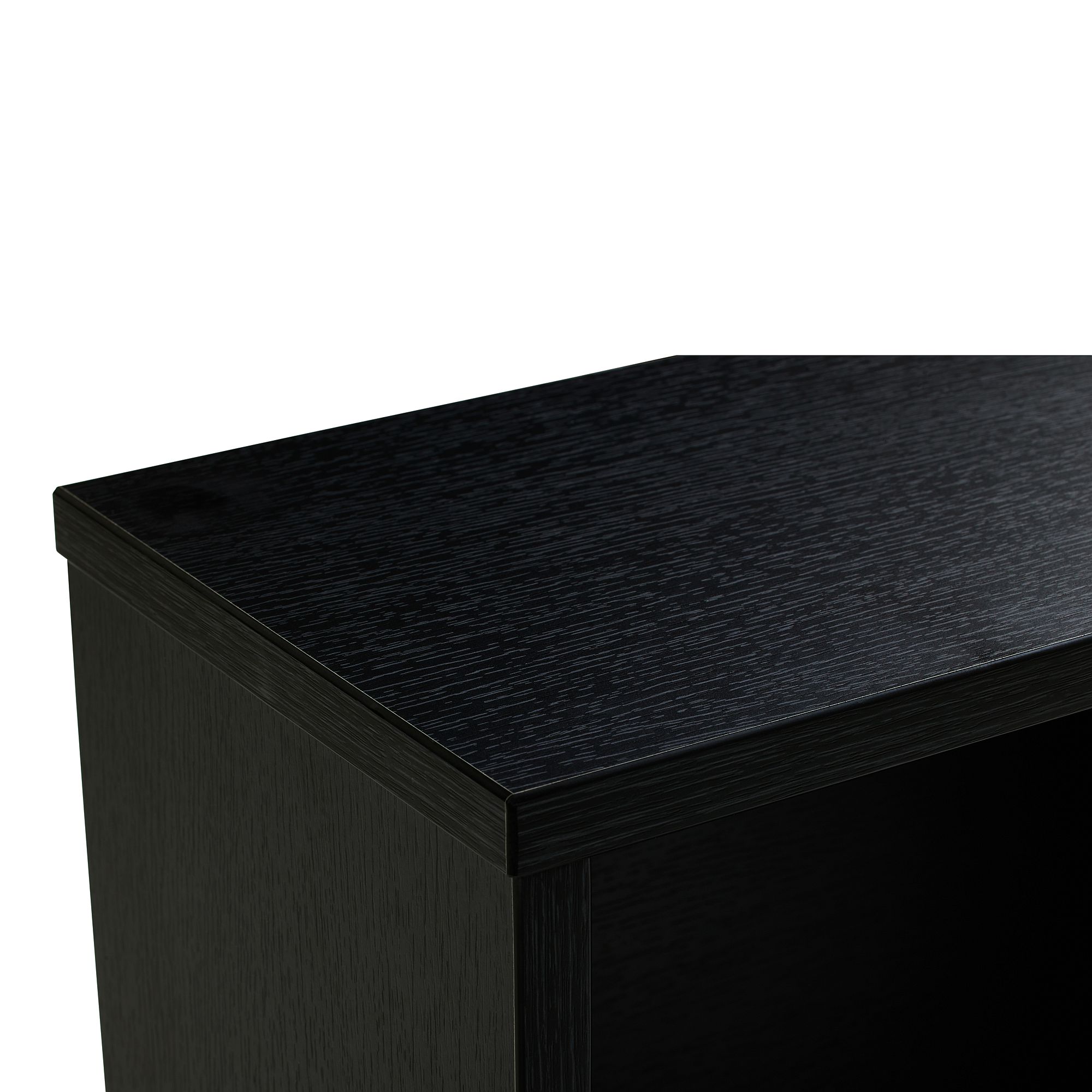 Wandregal  Wandbox  rechteckig lang in Naturschwarz Nahaufnahme eines schwarzen rechteckigen Holzregals oder -schranks vor einem weißen Hintergrund.