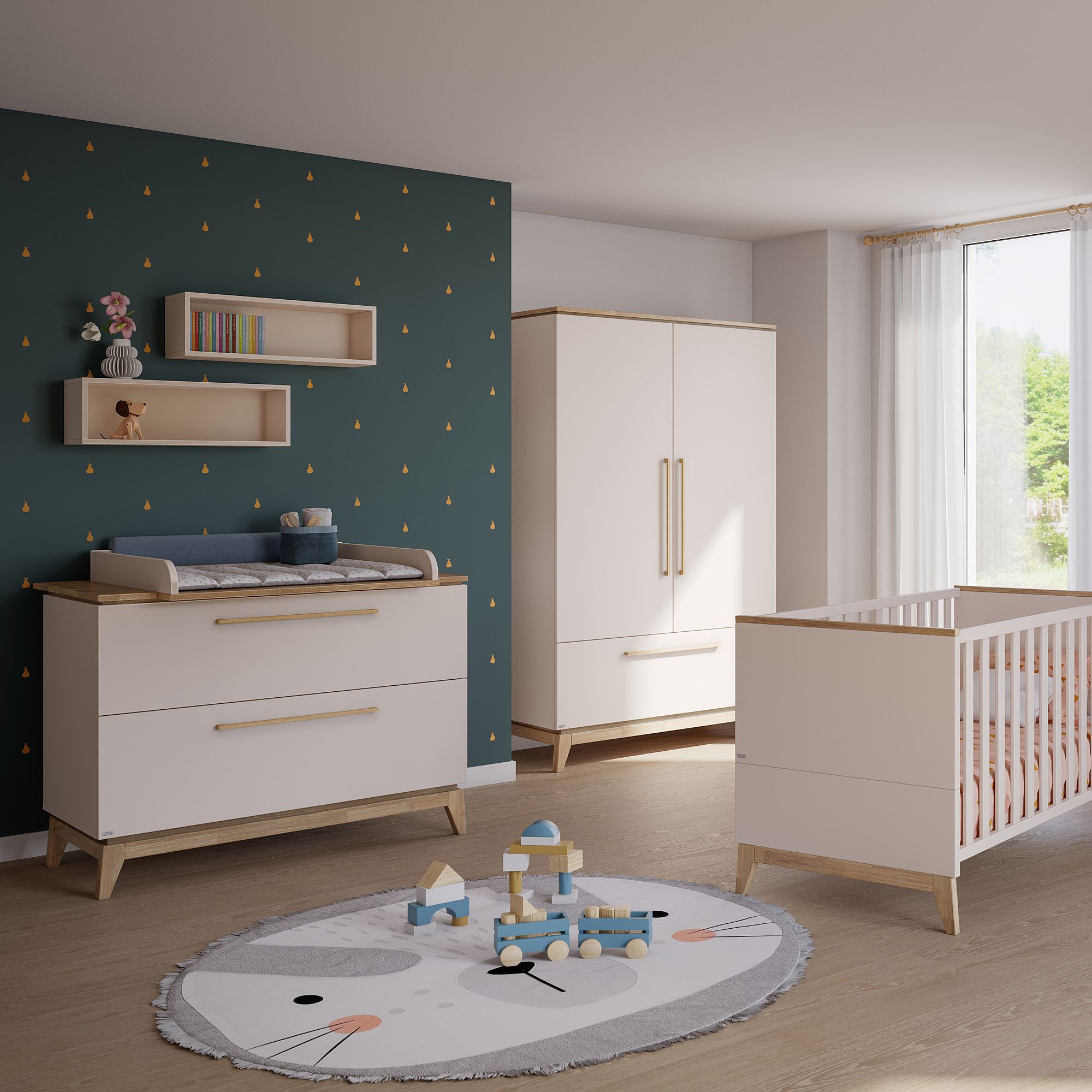 Modernes Kinderzimmer mit weißen Möbeln, einem Kinderbett und einer blauen Akzentwand mit Dekor.