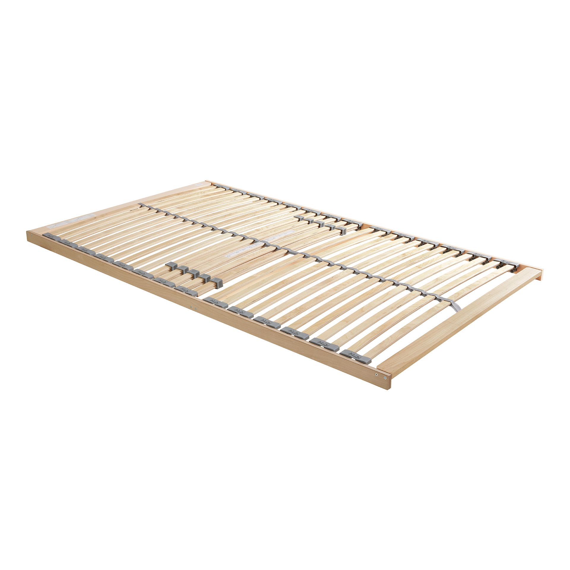 Lattenrost  Comfort mit Härteverstellung in 120 x 200 cm Lattenrost aus Holz mit verstellbaren Spanngleitern auf weißem Hintergrund.