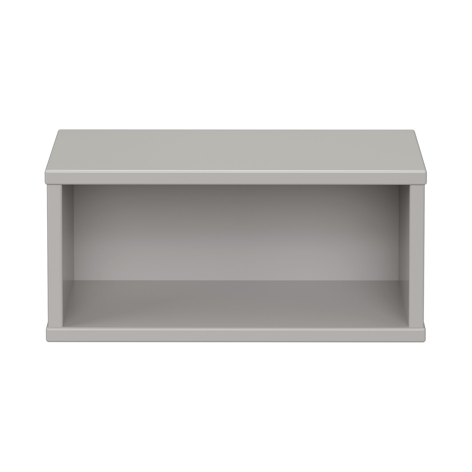 Gray rectangular open shelf with a simple, minimalist design on a white background.