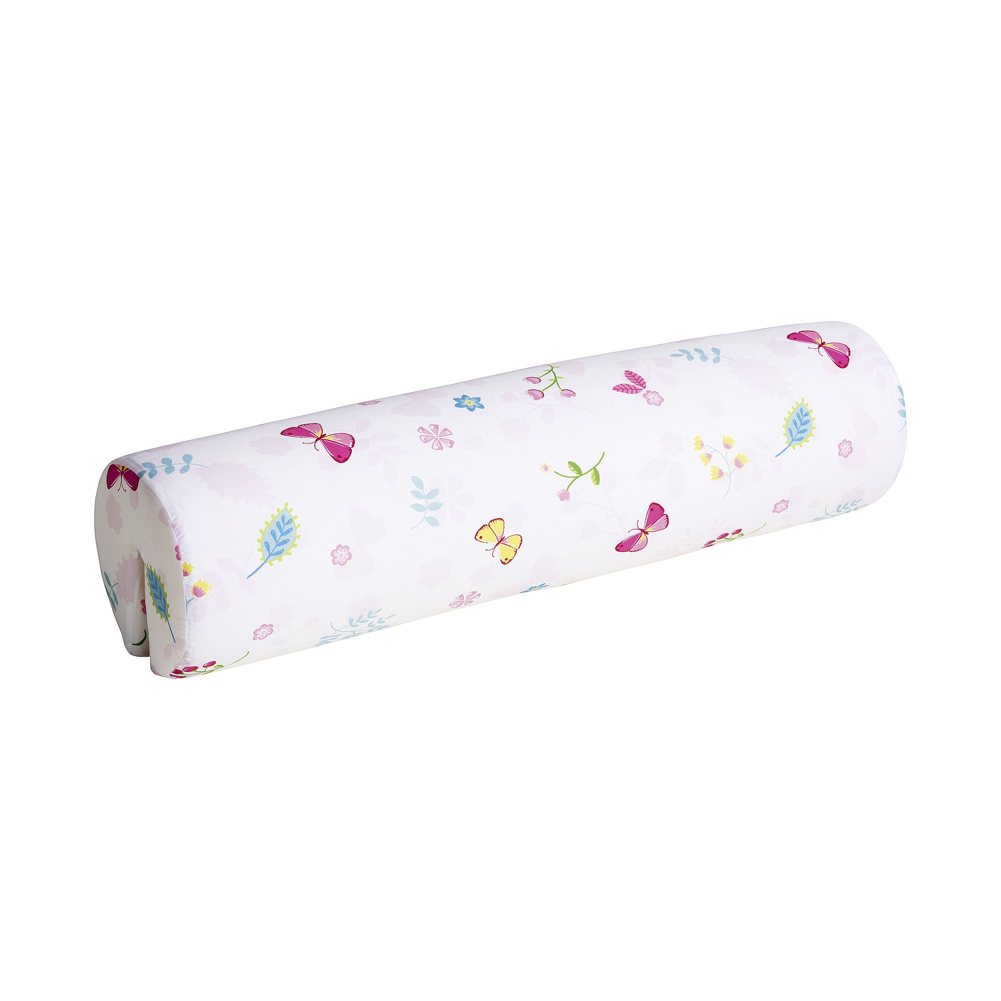 Comfort-Rolle Baumwolle, Motiv "Schmetterling", 85,30 x Ø 20 cm White cylindrical pillow with colorful butterfly and flower patterns.