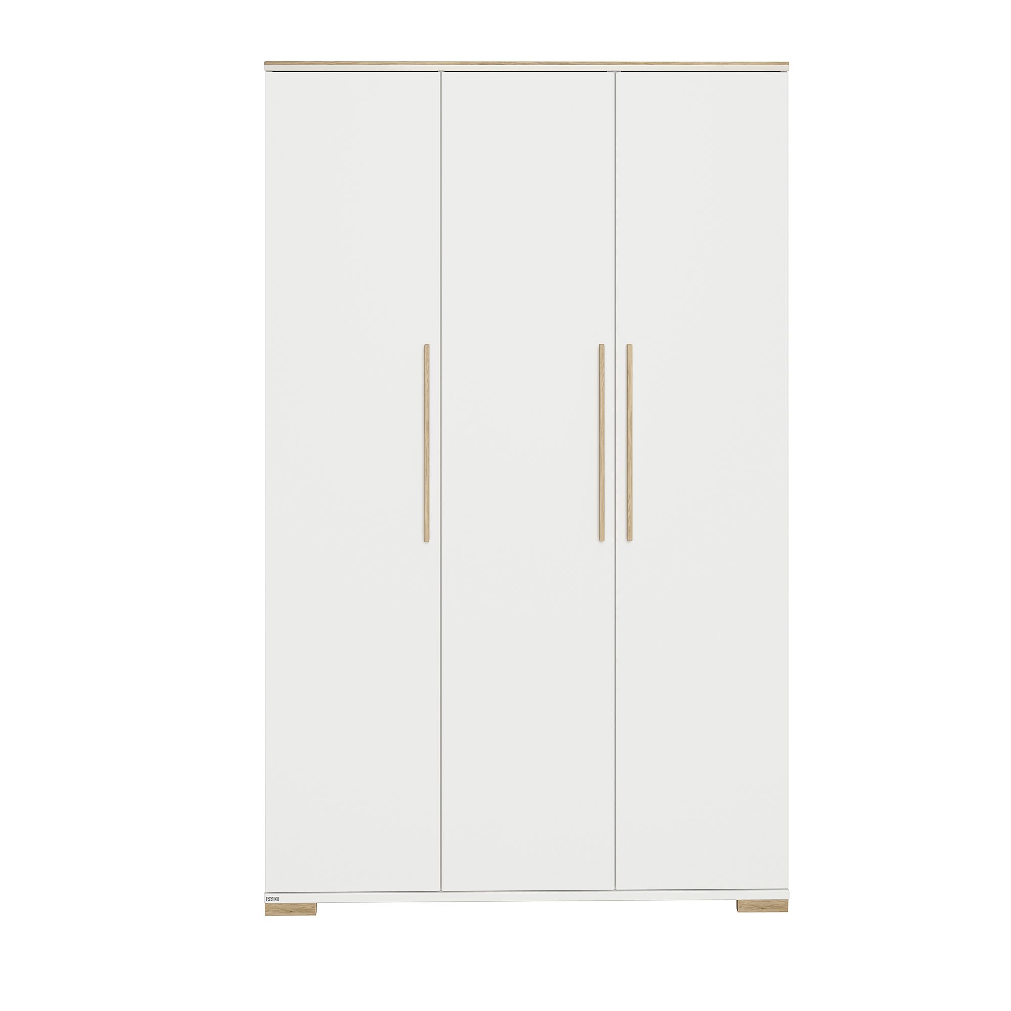 Weißer dreitüriger Kleiderschrank mit minimalistischen Holzgriffen und -akzenten.