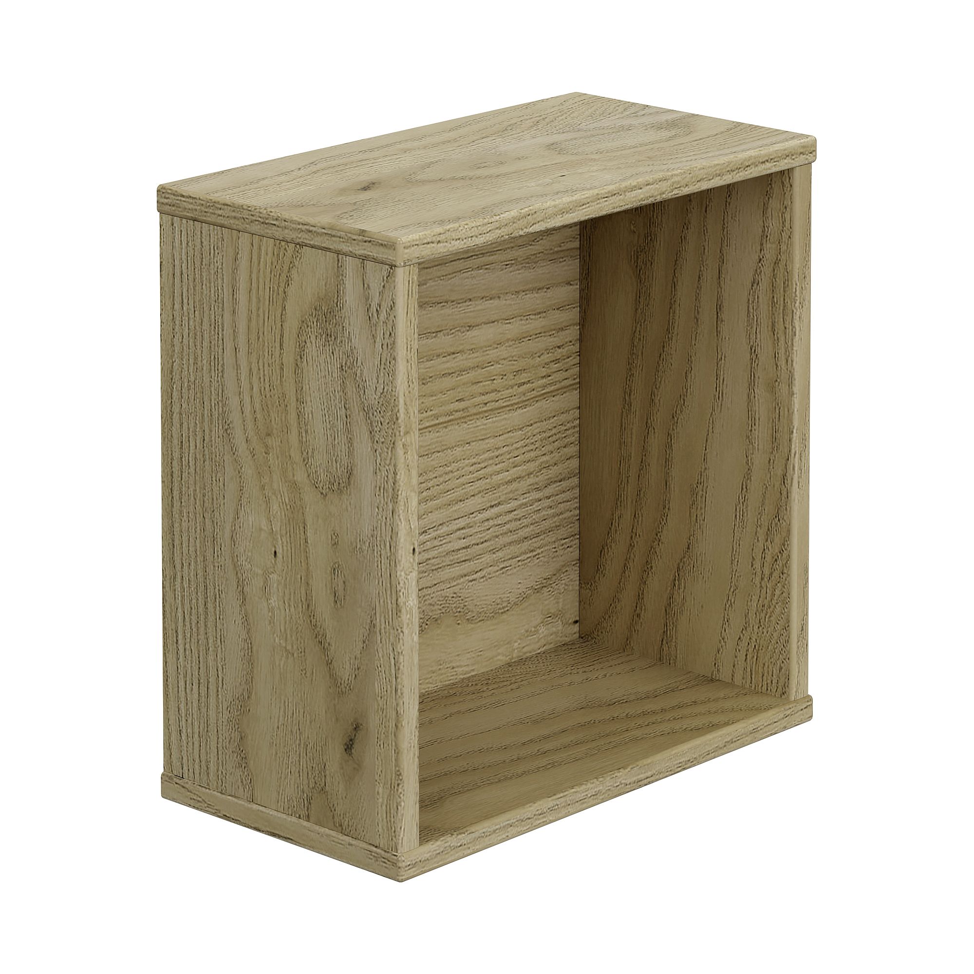 Light wood rectangular open box shelf on a white background.