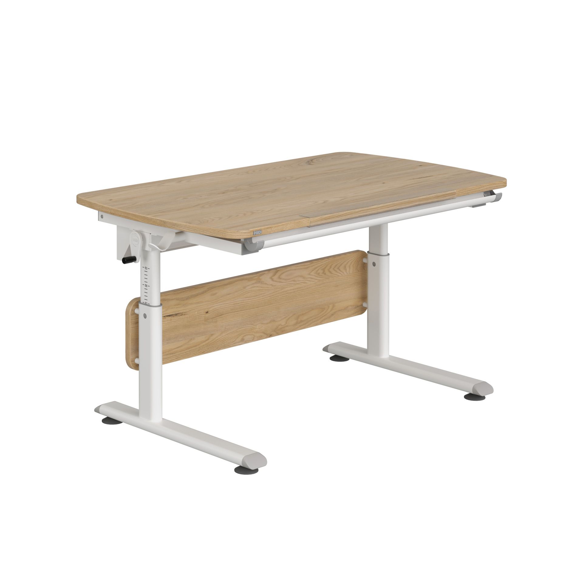 Schülerschreibtisch Diego Curved 120 x 70 cm, Eiche Montana Wooden desk with white metal legs and an adjustable height mechanism.