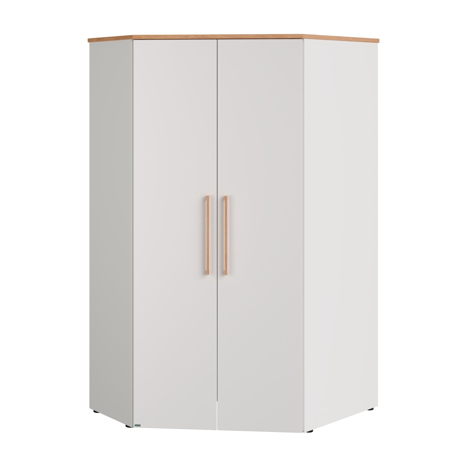 Weißer Eckschrank mit Holzgriffen und einer Oberseite aus hellem Holz.