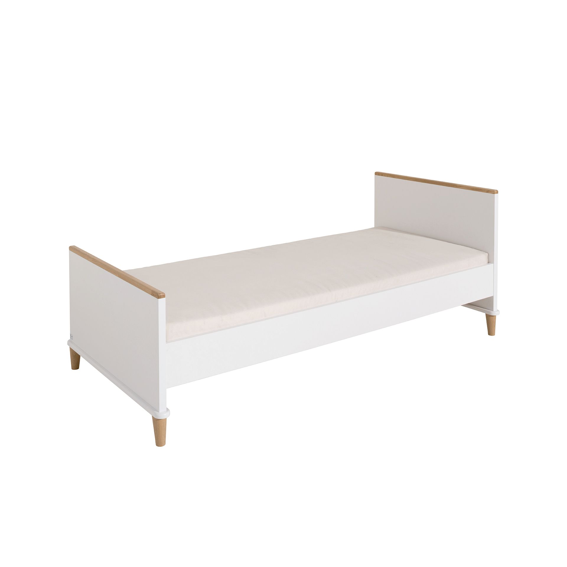 White wooden single bed with light wood accents and a beige mattress.