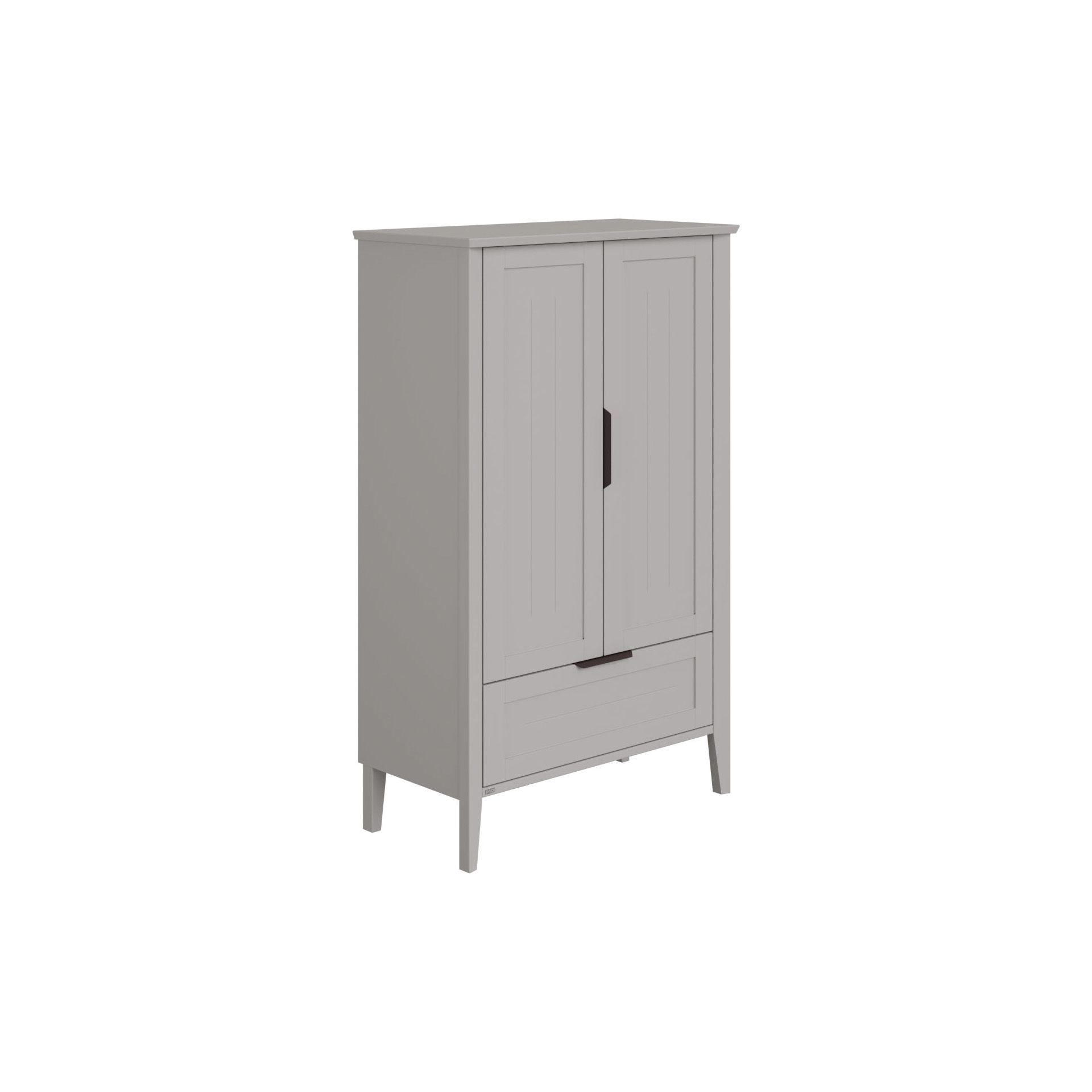Light gray wooden cabinet with two doors and a bottom drawer on four legs.
