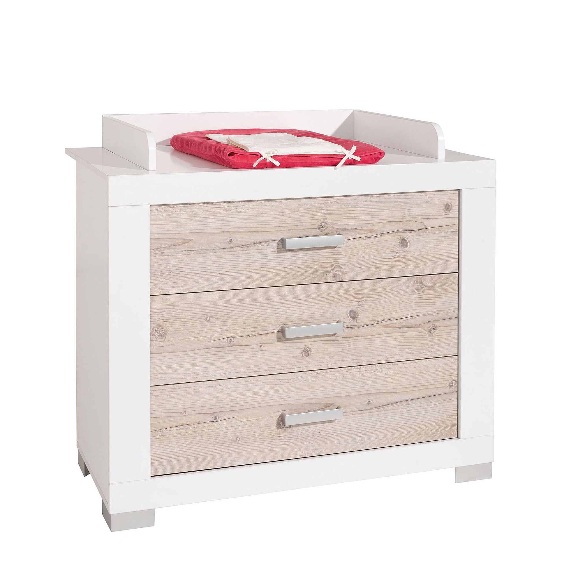 Weiße Kommode aus Holz mit drei Schubladen und einer roten Wickelauflage auf der Oberseite.