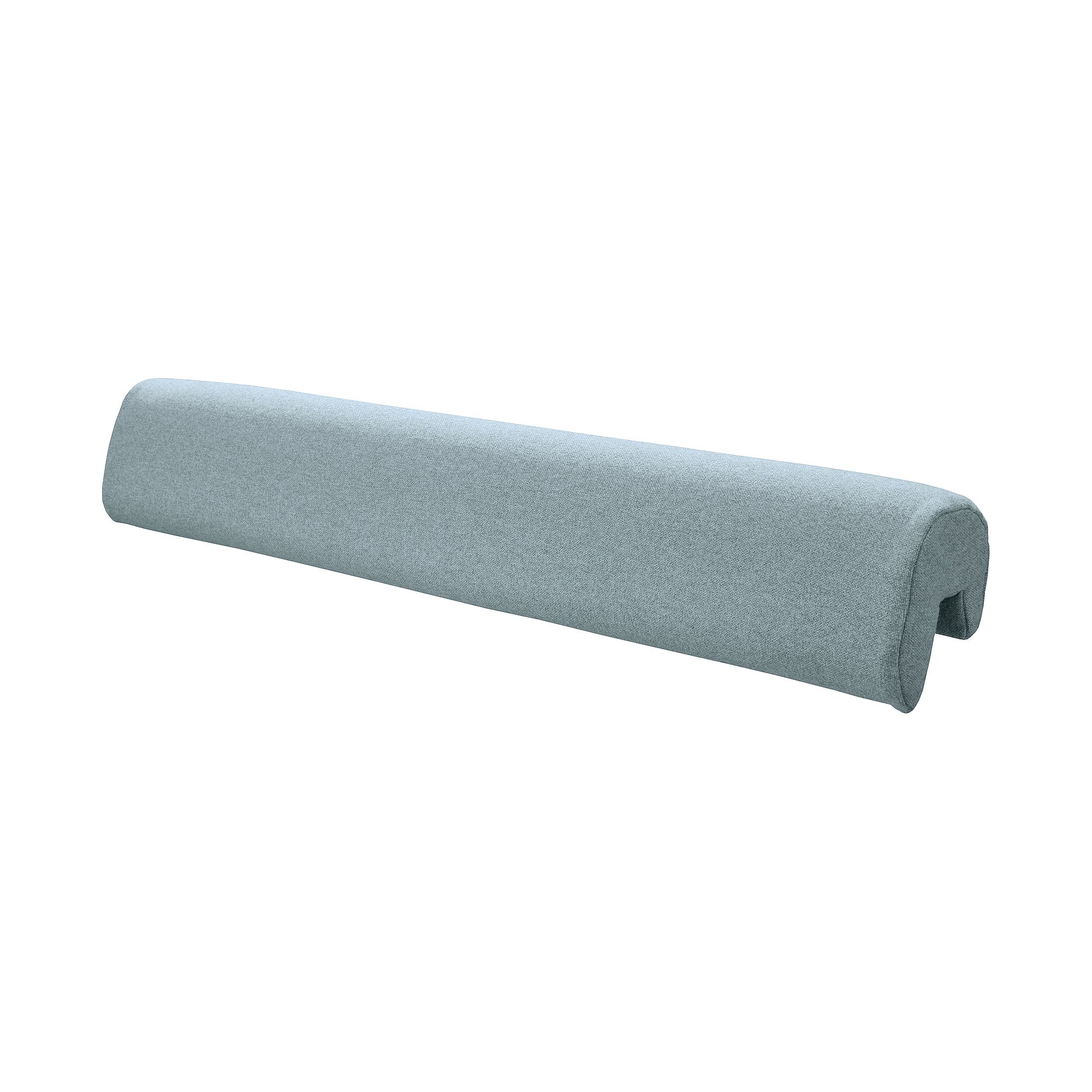 Light blue, fabric-covered draft stopper with a U-shaped groove, on white background.