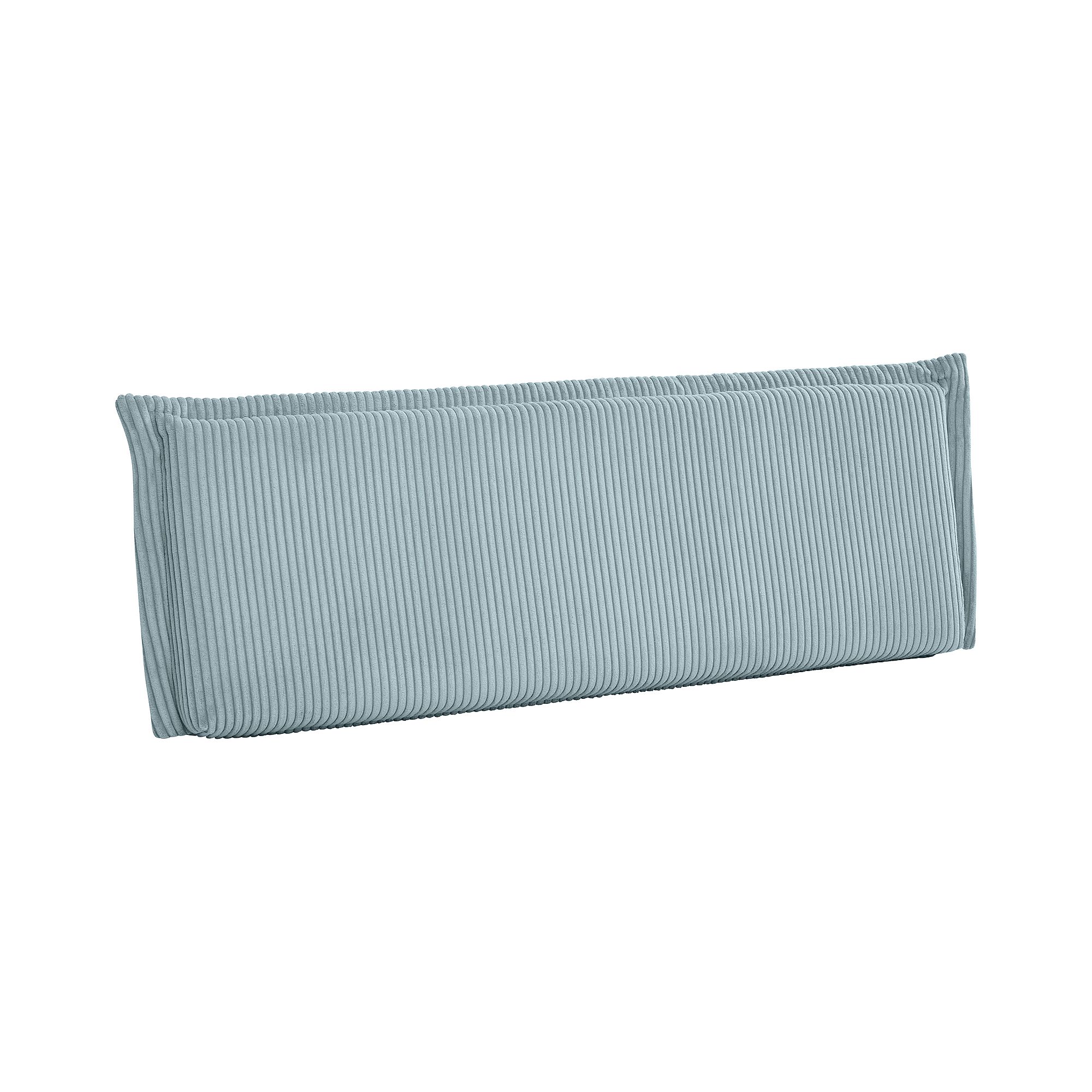 Hellblaues, rechteckiges, geripptes Stoffkissen auf weißem Hintergrund.