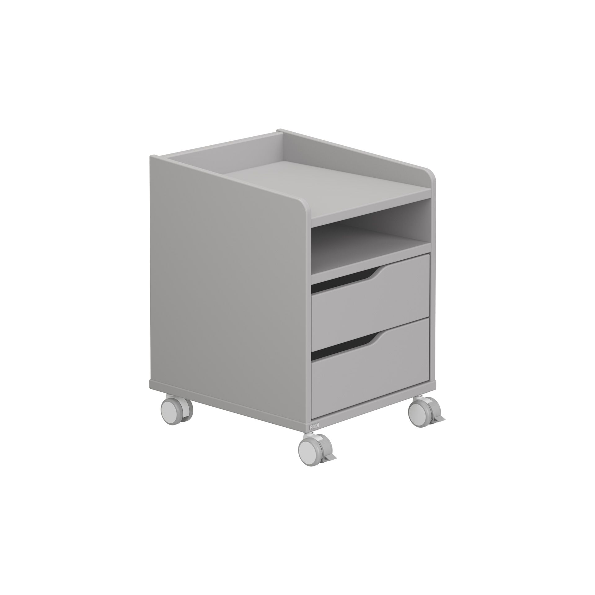 Rollcontainer  mit 2 Schubladen in Kieselgrau Ein grauer rollender Aufbewahrungswagen mit zwei Schubladen und einem offenen Regal.
