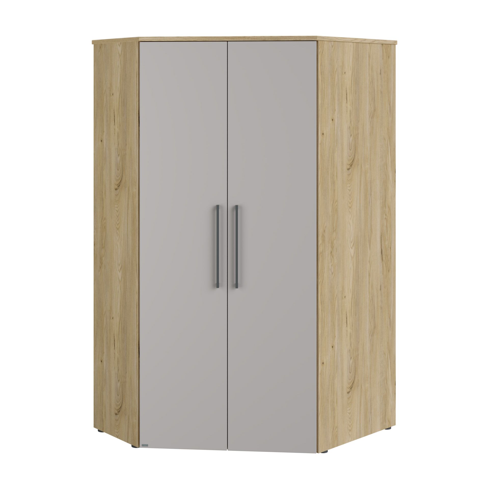 Ein Eckschrank aus Holz mit grauen Flügeltüren und schwarzen Griffen.