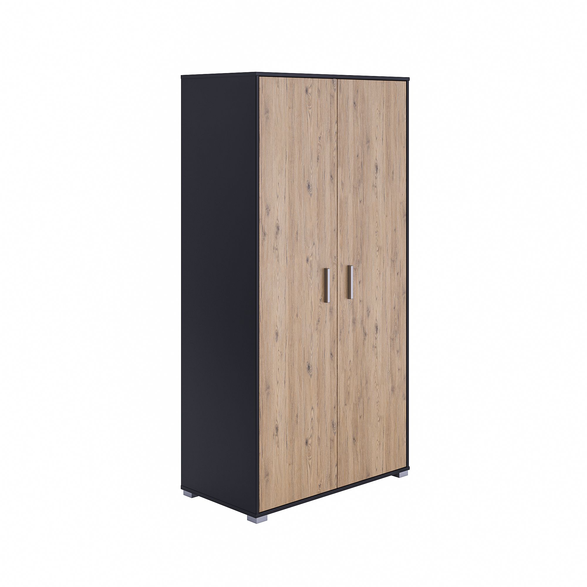 Zweitüriger Kleiderschrank mit Türen in Holzoptik und schwarzen Seiten.