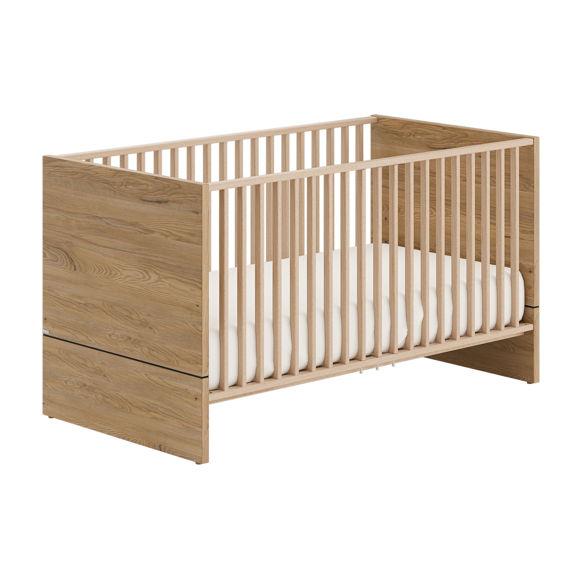 Babybett aus Holz mit heller Holzoberfläche und einer weißen Matratze im Inneren.