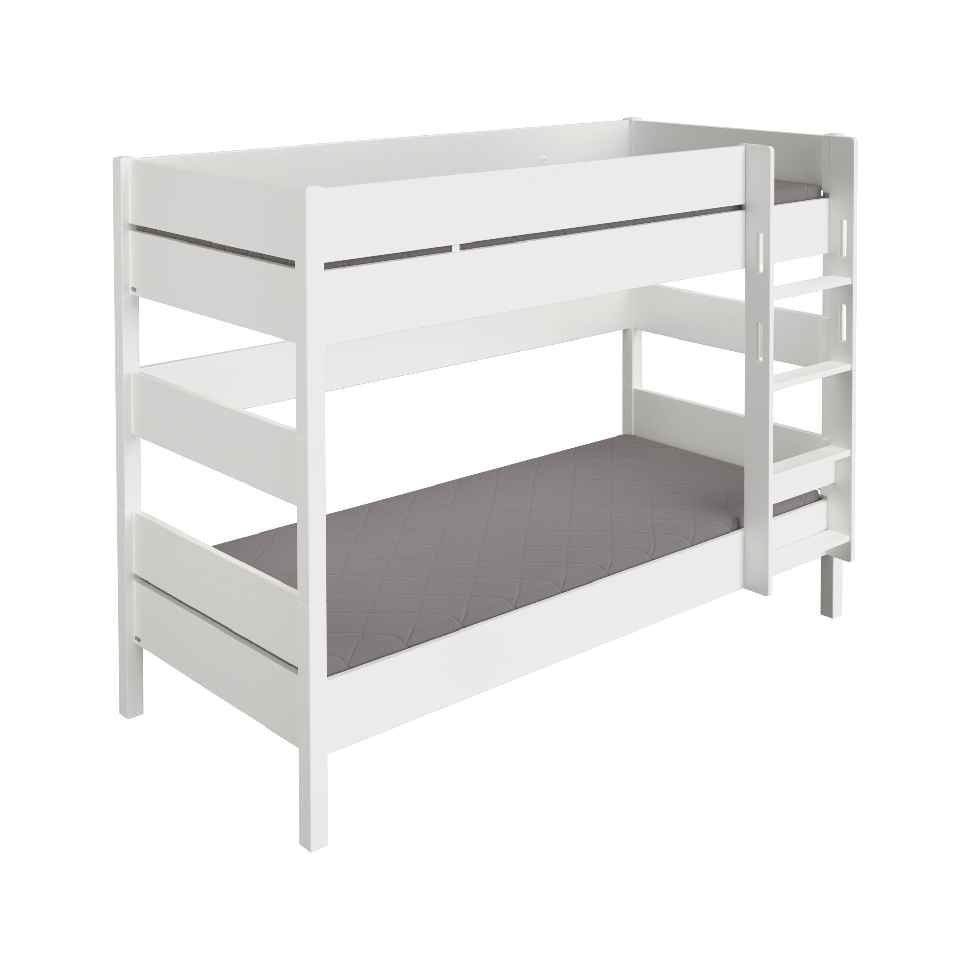 Weißes Holzetagenbett mit grauen Matratzen und einer Leiter auf der rechten Seite.