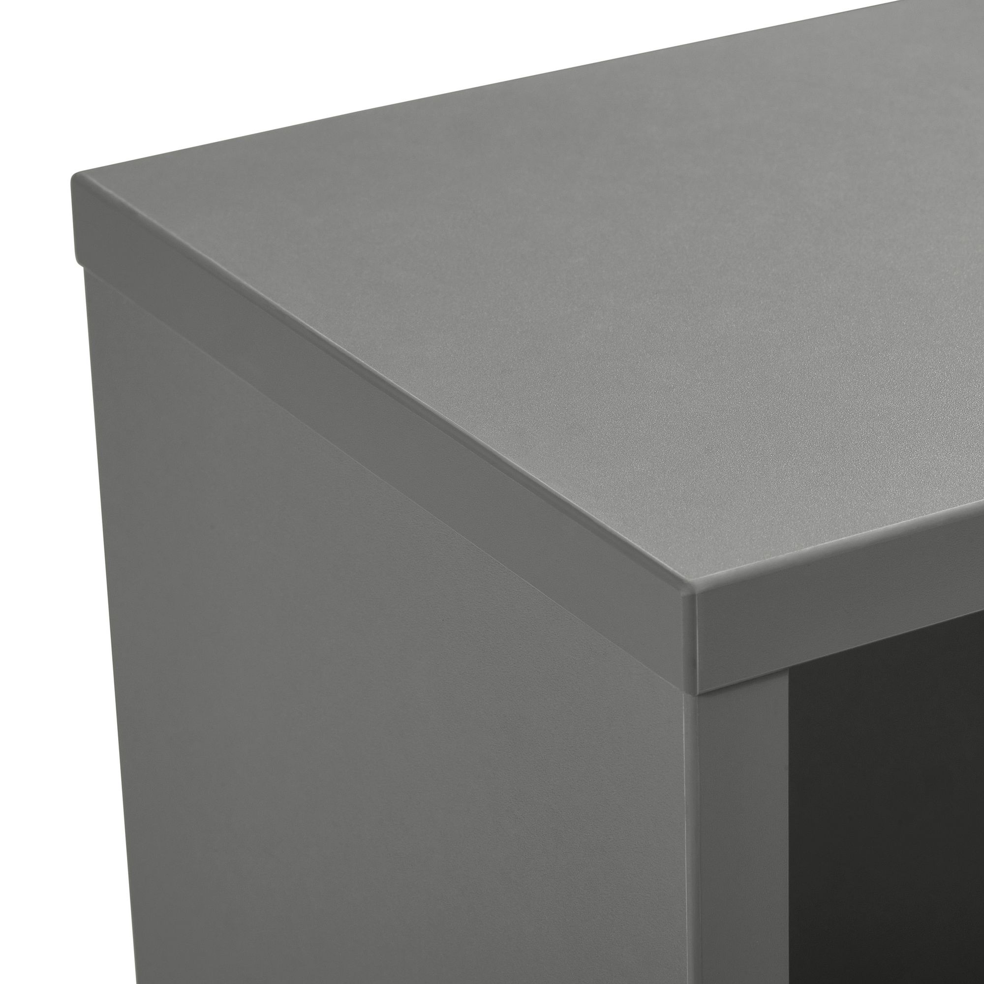 Wandregal  Wandbox  rechteckig  in Schiefergrau Nahaufnahme der Ecke eines grauen, rechteckigen Tisches oder Schranks.