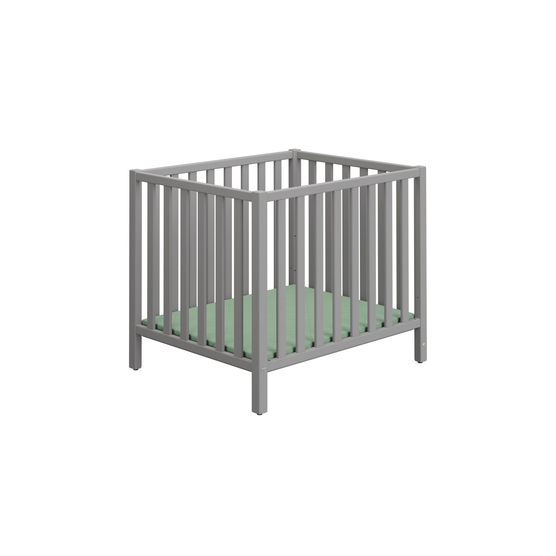 A gray baby crib with a green mattress, viewed from an angle on a white background.